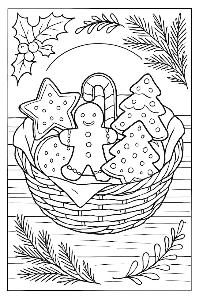 Coloring page of a basket filled with star, tree, and gingerbread cookies, accompanied by a candy cane, displayed on a farmhouse table with holly and pine decorations.