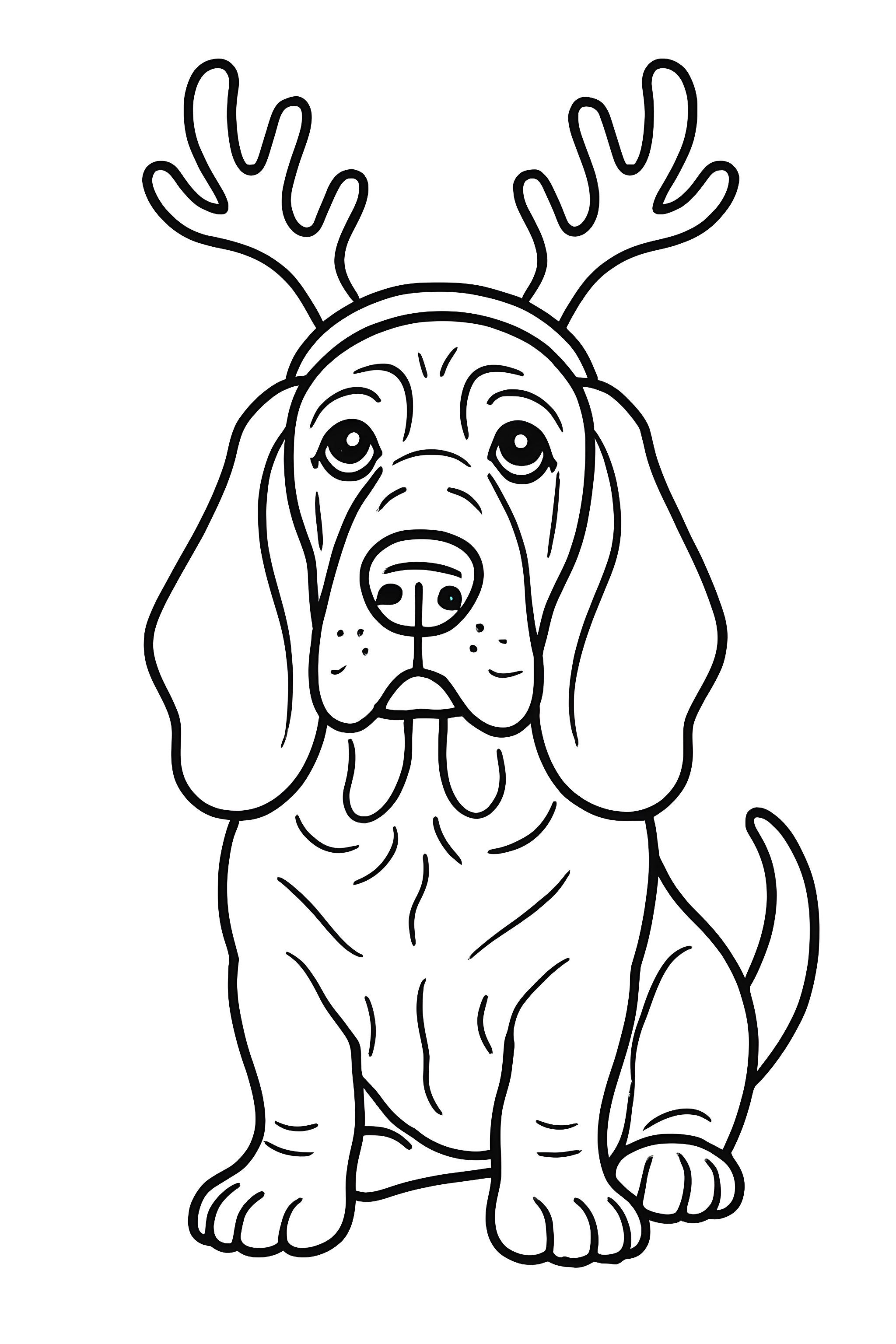 Coloring page of a Basset Hound sitting with reindeer antlers on its head