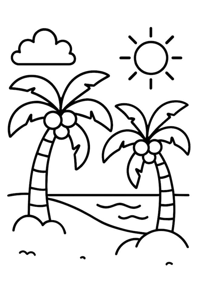 Coloring page of a beach scene featuring two coconut palms, a sandy shore, waves, a sunny sky, and a cloud