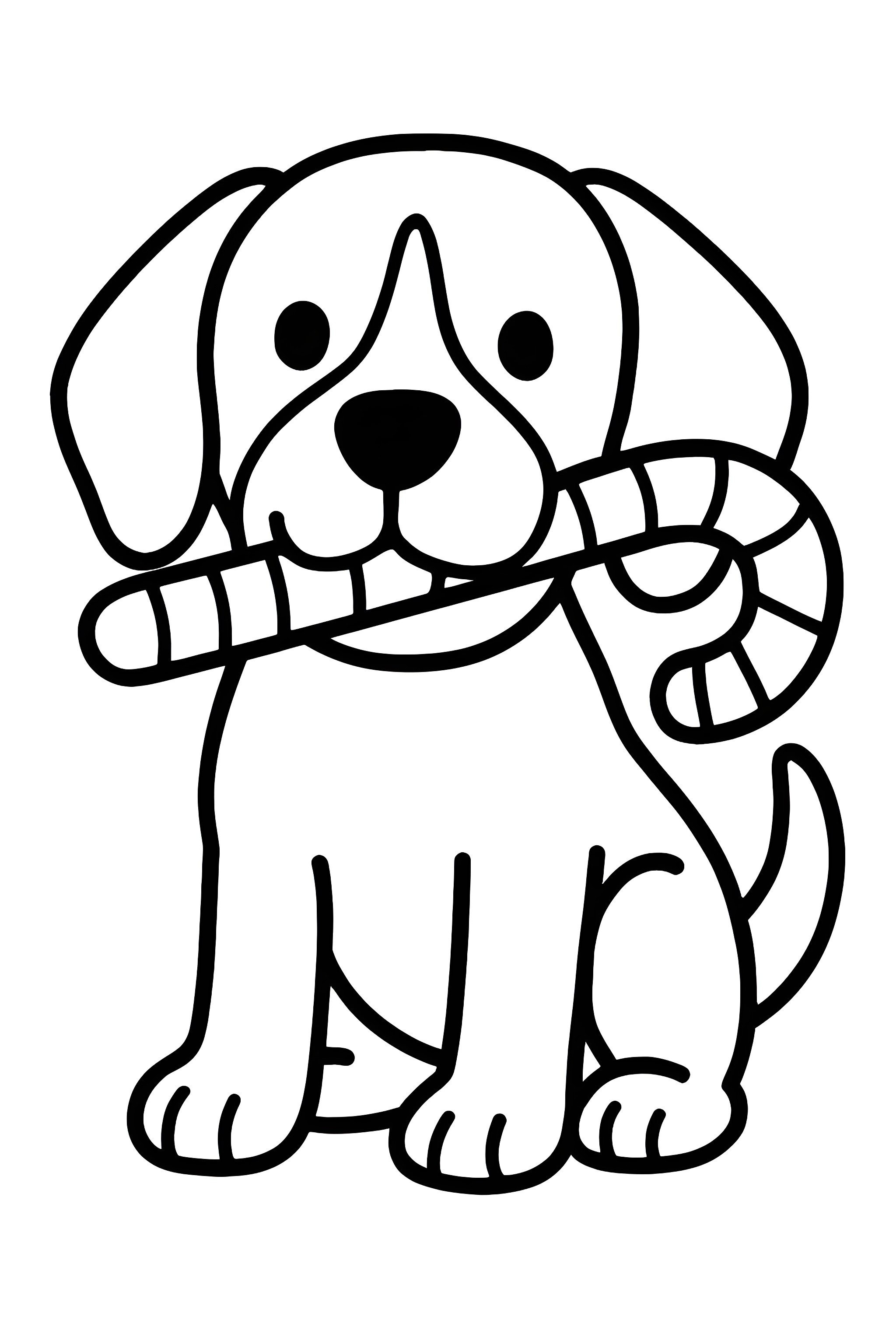 Coloring page featuring a Beagle dog sitting with a candy cane in its mouth, capturing a Christmas theme