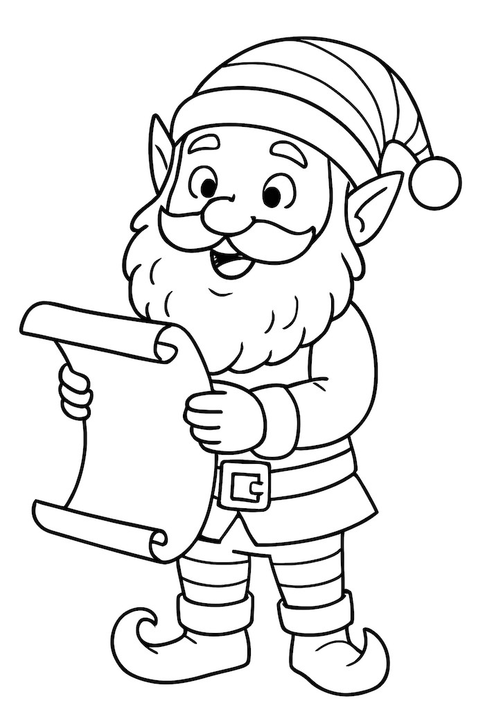 Coloring page of a cheerful elf with a bushy beard wearing a striped hat, holding a large scroll
