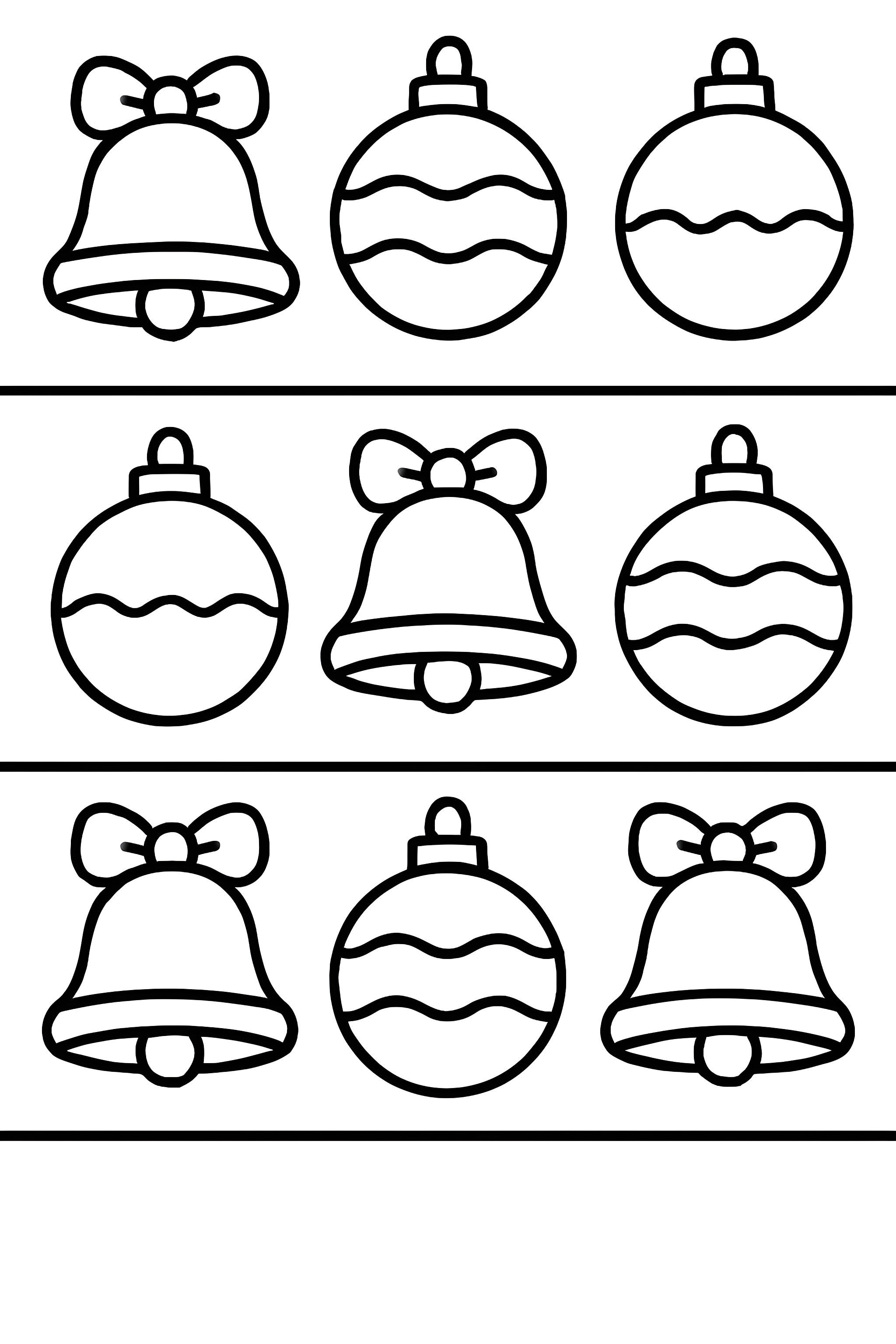 Coloring page featuring a repeated stripe pattern of alternating Christmas bells and baubles