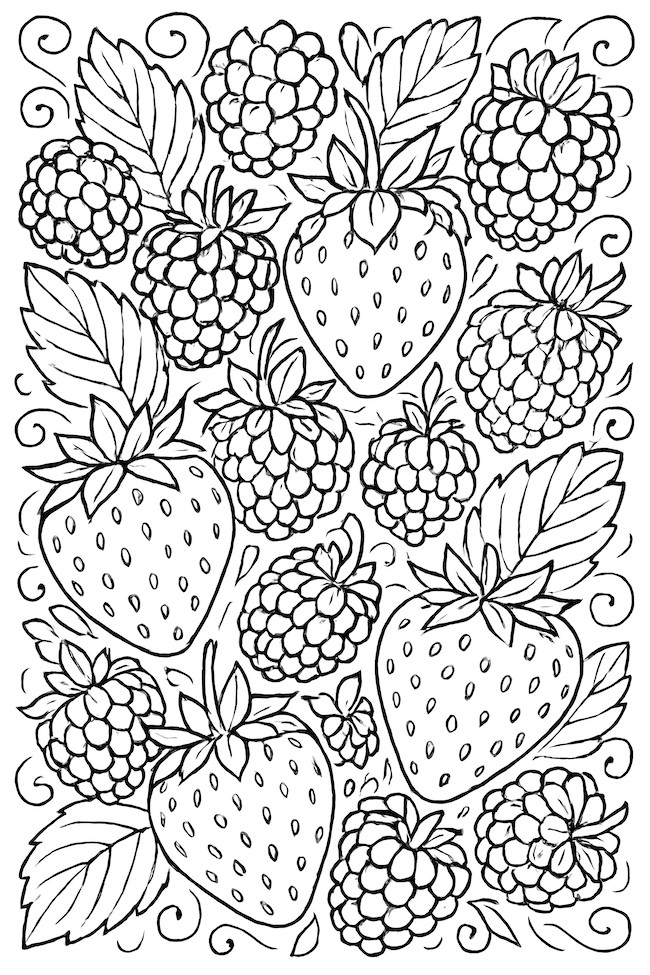 Coloring page of various berries including blackberries and strawberries with leaves and decorative swirls