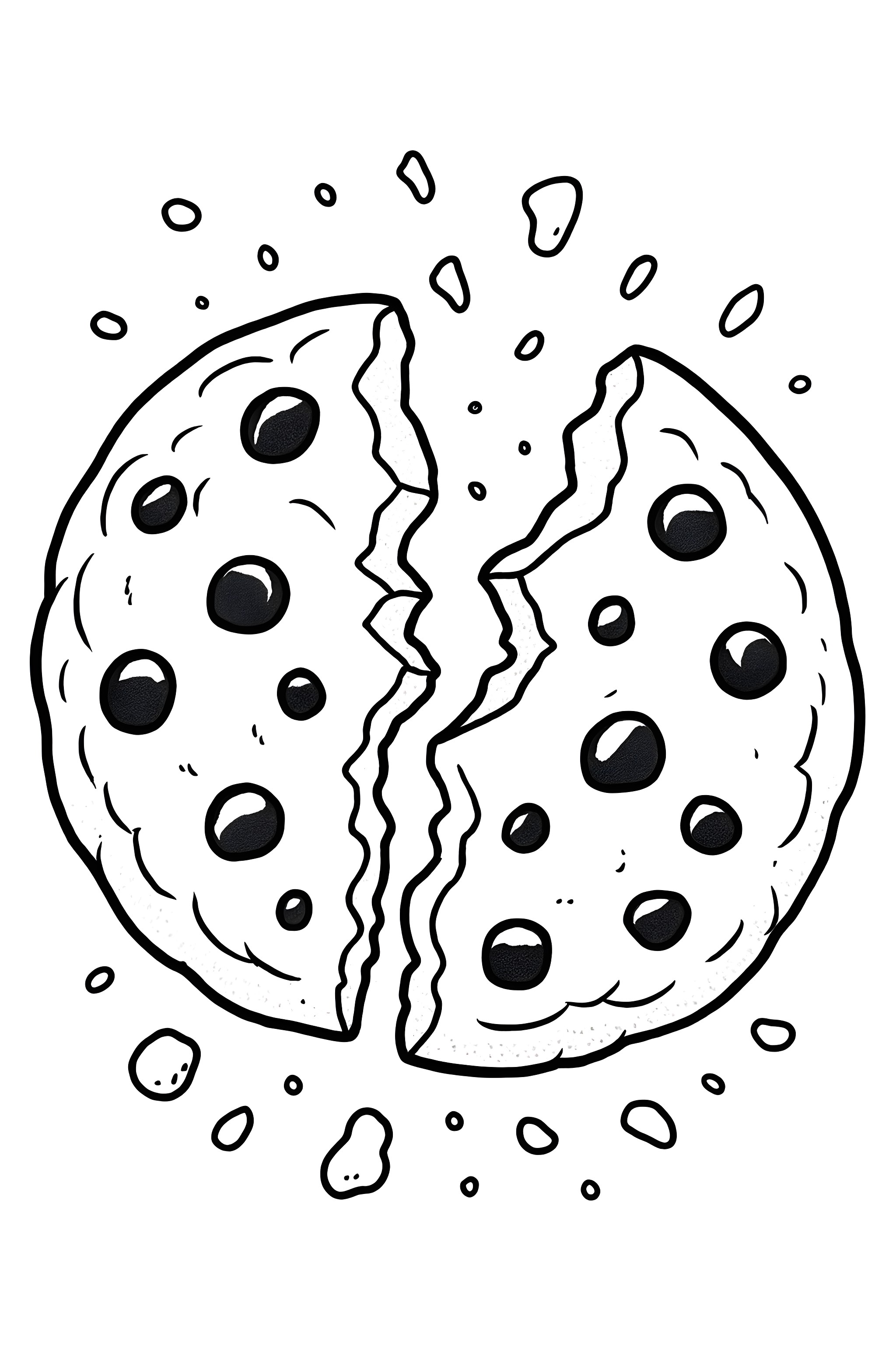 Coloring page of a large cookie snapping in half with chocolate chips and crumbs scattered around