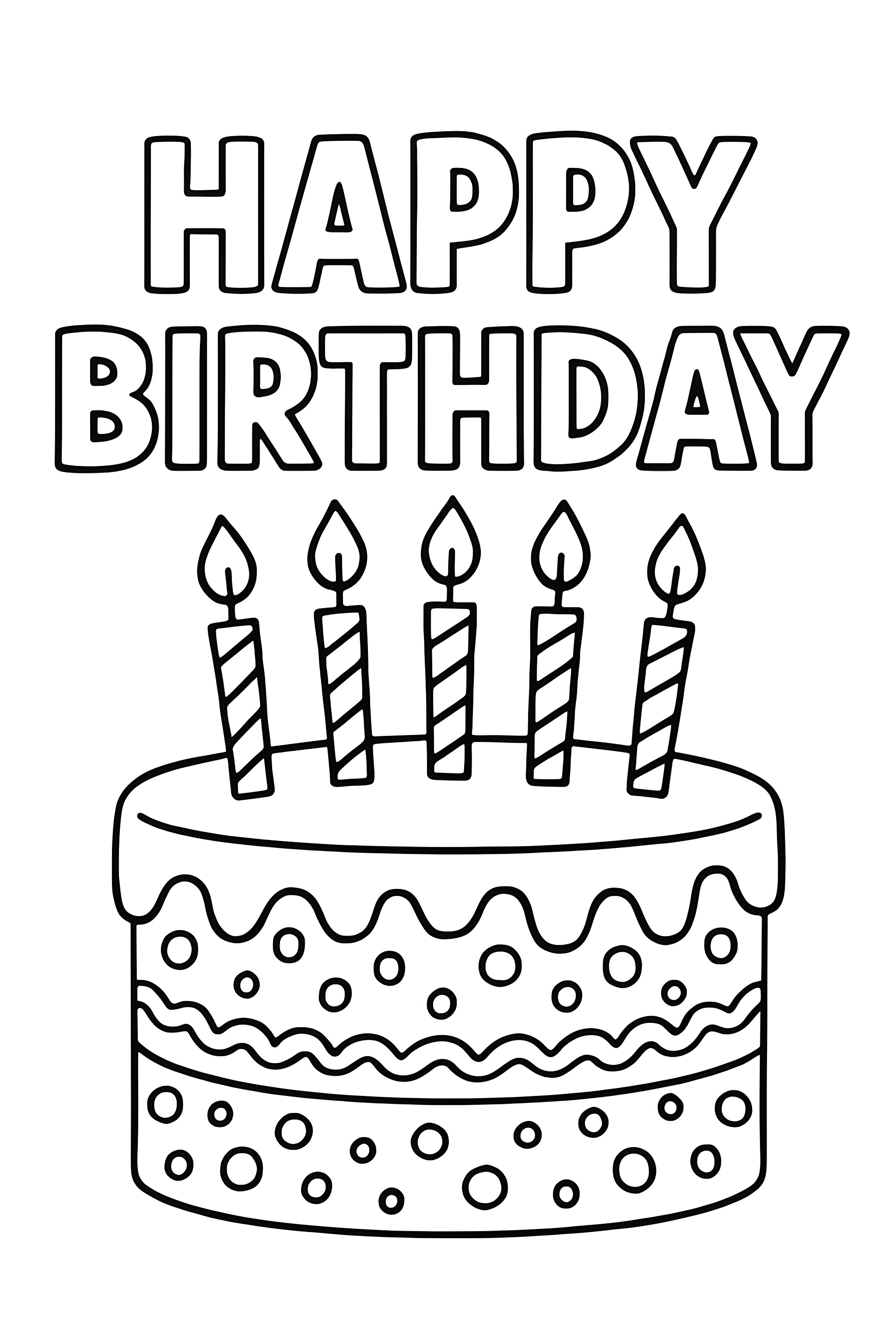 Coloring page featuring a birthday cake with five candles and the words 'Happy Birthday' above it