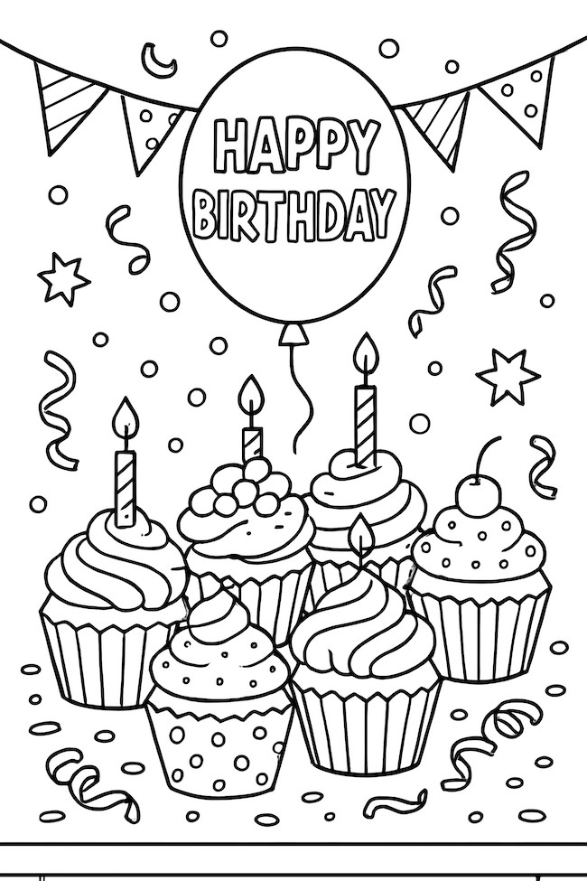 Coloring page featuring a table with six decorated birthday cupcakes, streamers, stars, and a 'Happy Birthday' balloon above
