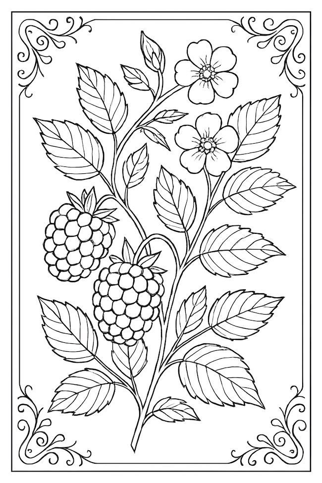 Coloring page of a blackberry branch featuring berries, leaves, and flowers