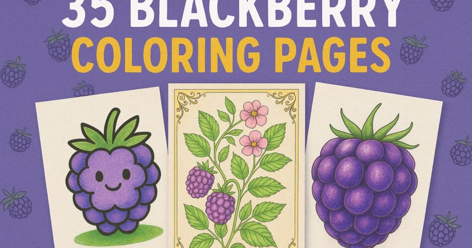Horizontal blog graphic featuring three colored blackberry-themed coloring pages on a purple background with blackberry motifs. The center page shows a botanical blackberry branch with flowers, while the side pages display a cute cartoon blackberry and a realistic detailed blackberry. Title text reads ‘35 Blackberry Coloring Pages.’
