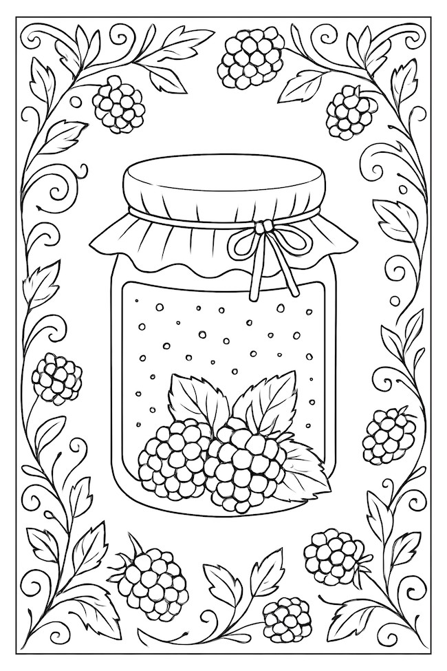 Coloring page of a jar of blackberry jam with berries and vine decorations