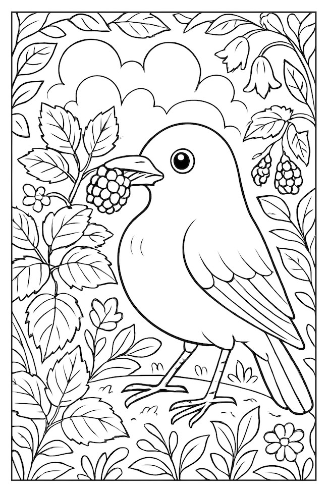 Coloring page of a blackbird nibbling on a blackberry surrounded by garden foliage and flowers