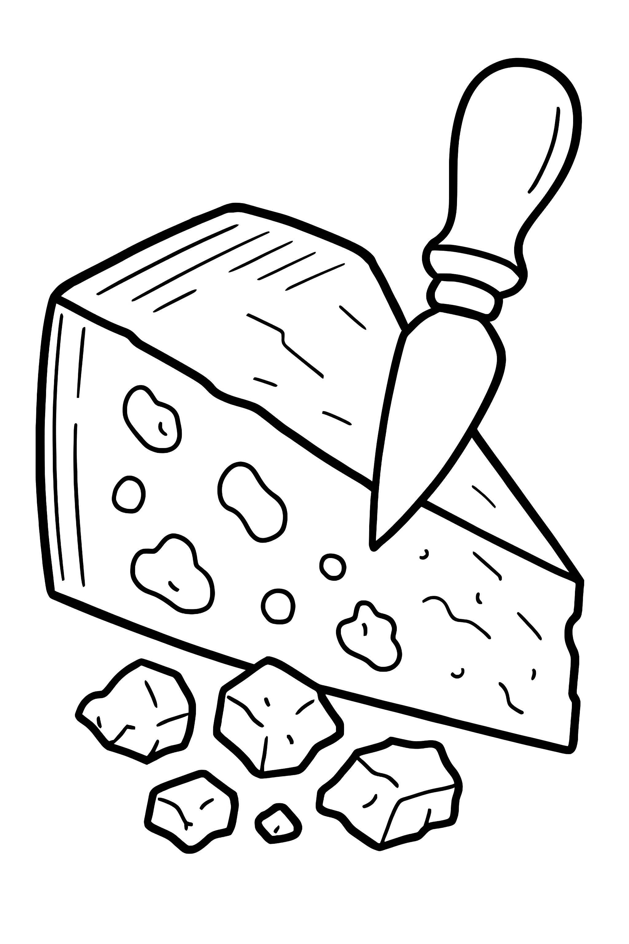 Coloring page of a block of parmesan cheese with a cheese knife and cheese pieces scattered around