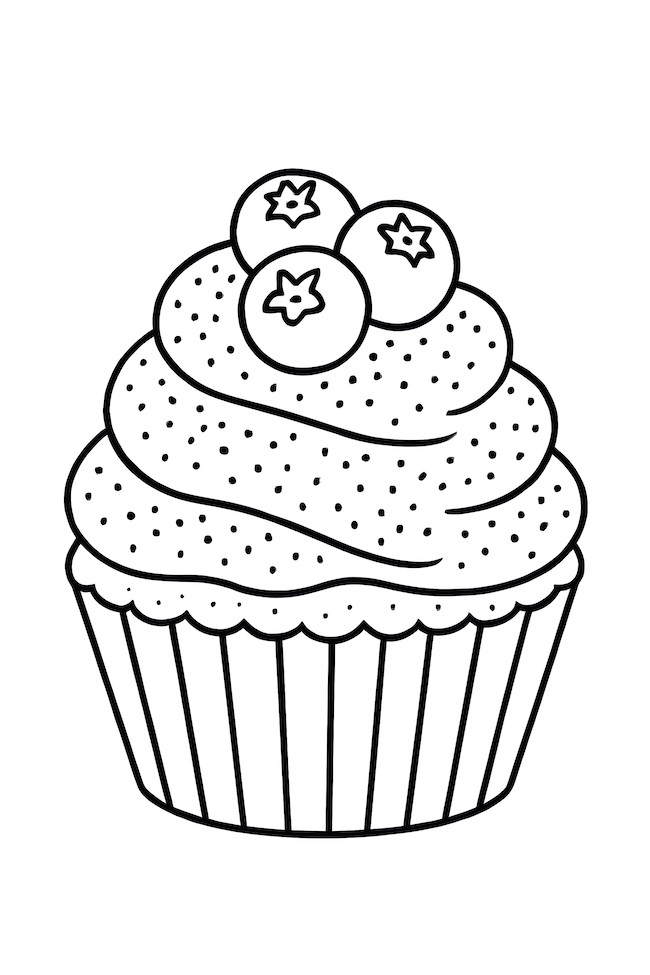 Coloring page of a blueberry cupcake topped with powdered sugar and blueberries