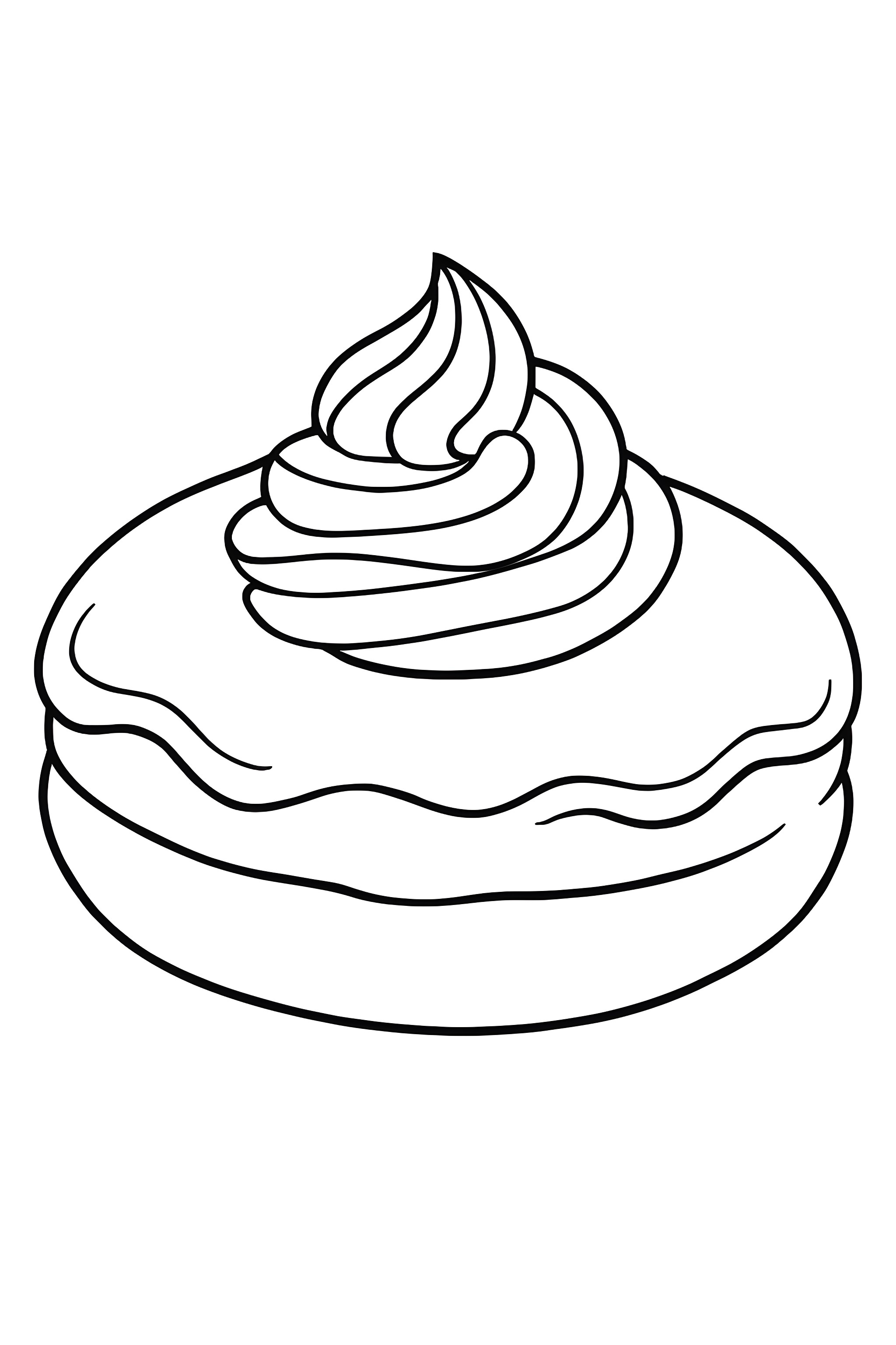 Coloring page of a Boston cream donut adorned with a dollop of whipped cream on top, featuring a smooth chocolate glaze.