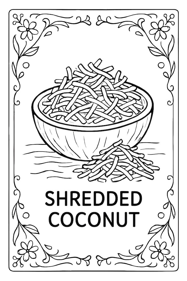 Coloring page of a bowl filled with shredded coconut, surrounded by a decorative floral border