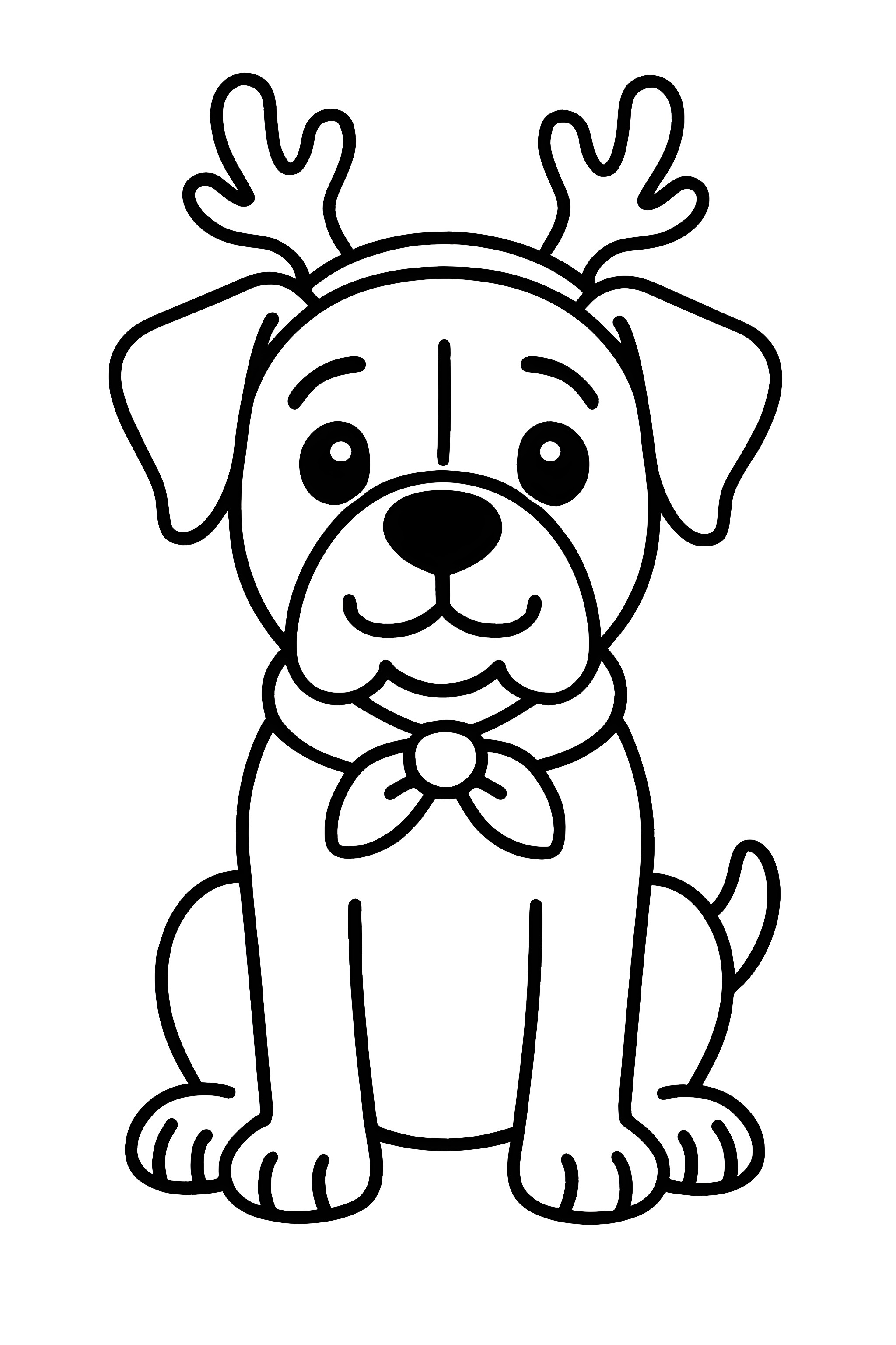 Coloring page of a Boxer dog wearing reindeer antlers and a bow tie, sitting calmly with a friendly expression