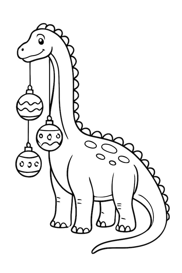 Brachiosaurus adorned with holiday ornaments hanging from its neck, featuring a smiling expression and a tail
