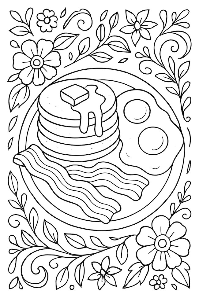 Coloring page of a breakfast plate featuring pancakes with butter, crispy bacon, and two sunny-side up eggs surrounded by decorative flowers