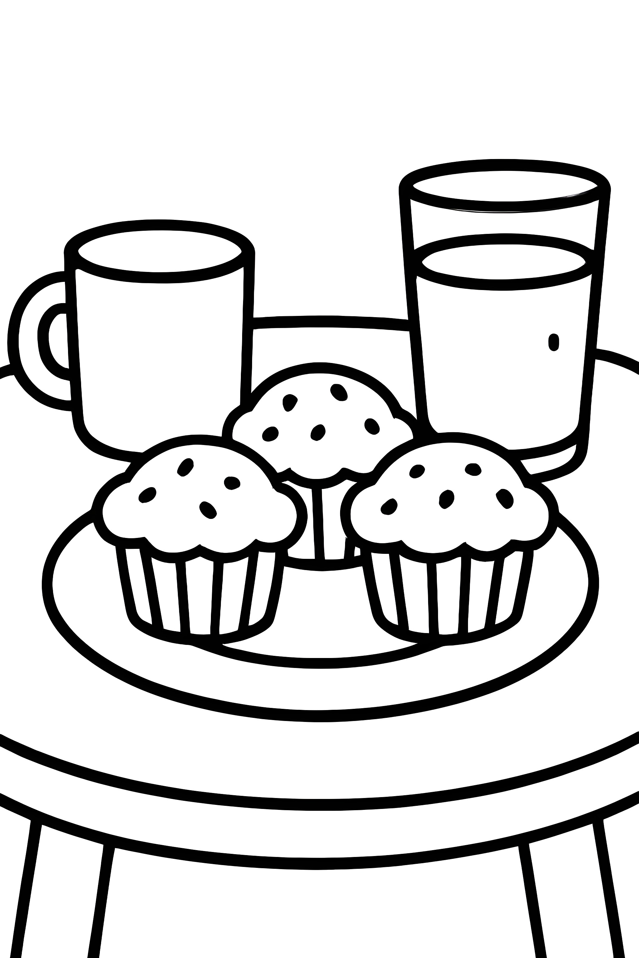 Coloring page featuring a breakfast table setting with three muffins on a plate and a glass of orange juice beside a cup on a round table.