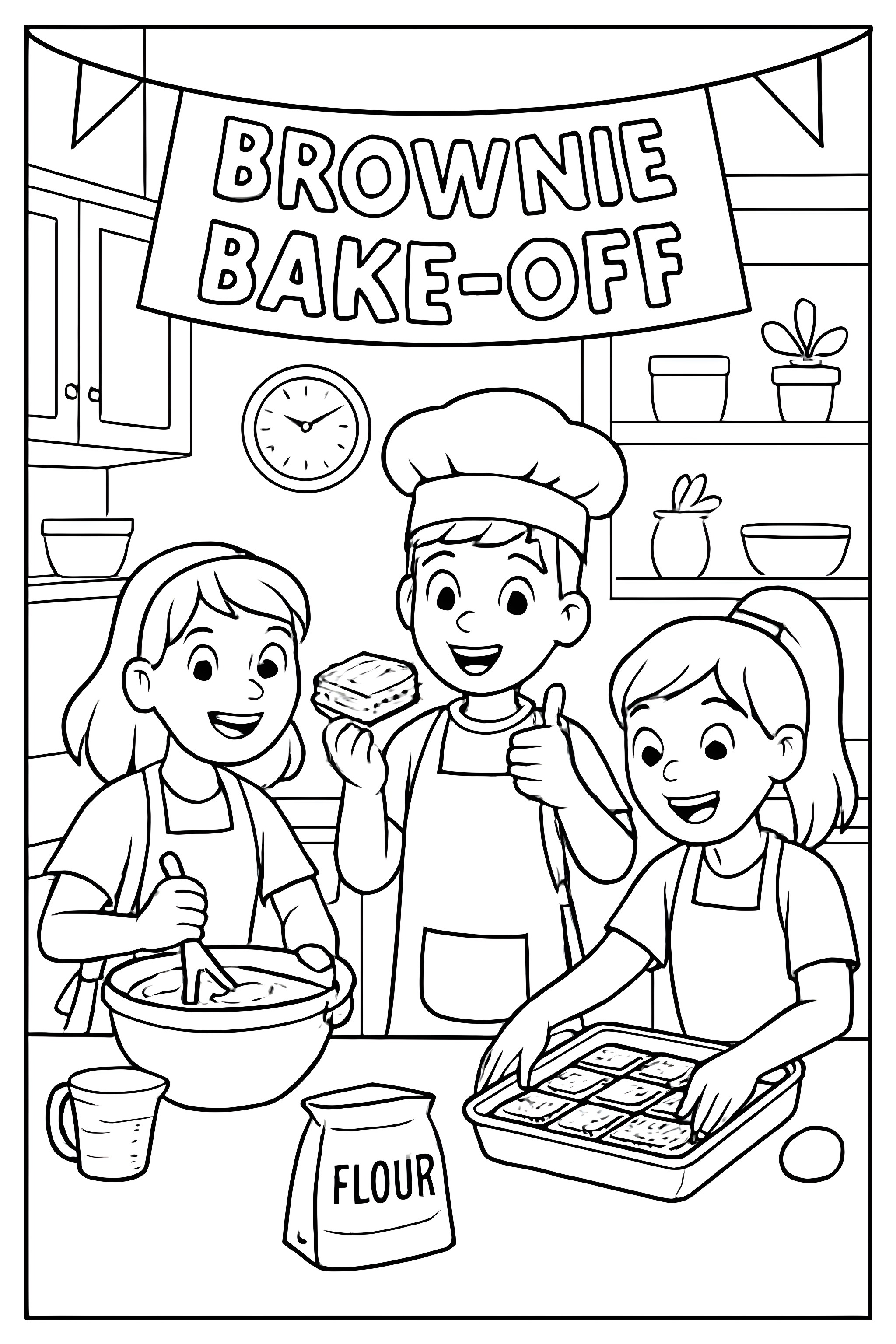 Coloring page depicting a brownie bake-off competition with children, mixing batter, and baking in a lively kitchen setting