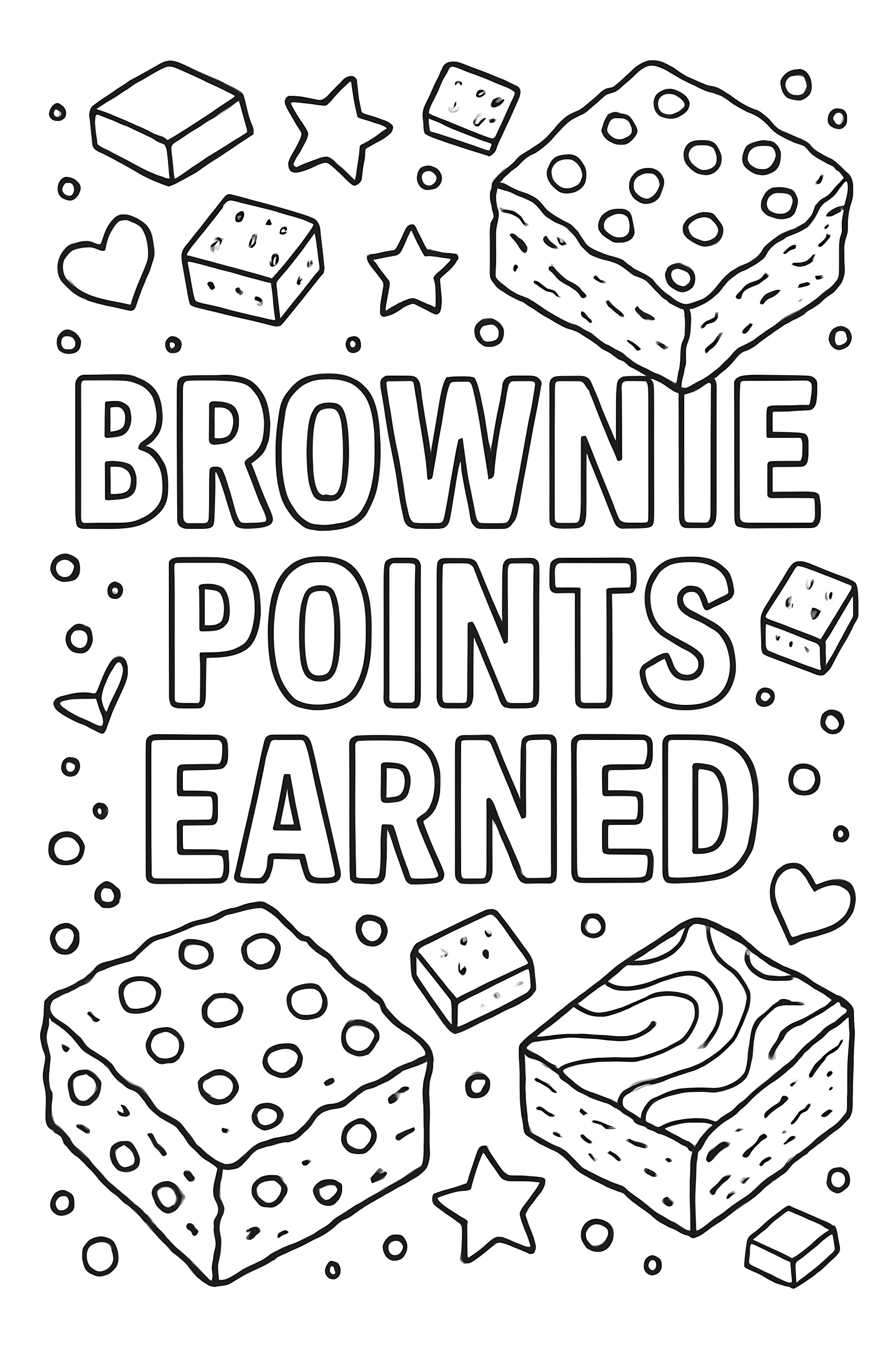 Coloring page featuring the text 'Brownie Points Earned' surrounded by various brownie shapes and decorations like hearts and stars
