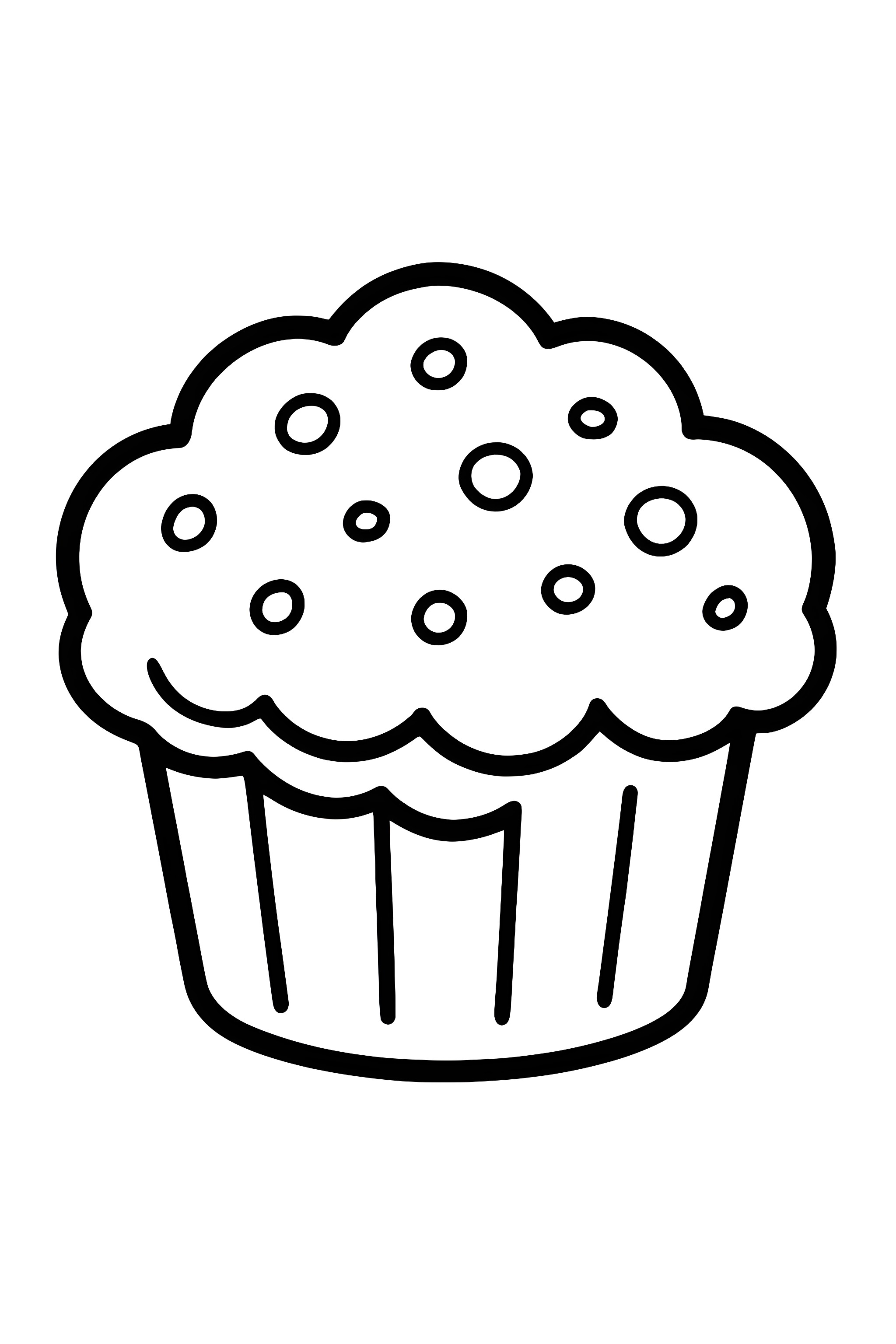 Coloring page of a muffin with a bumpy, crispy top and a lined cupcake wrapper