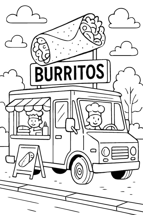 Coloring page of a food truck with a sign that says Burritos and a chef inside, accompanied by a menu board
