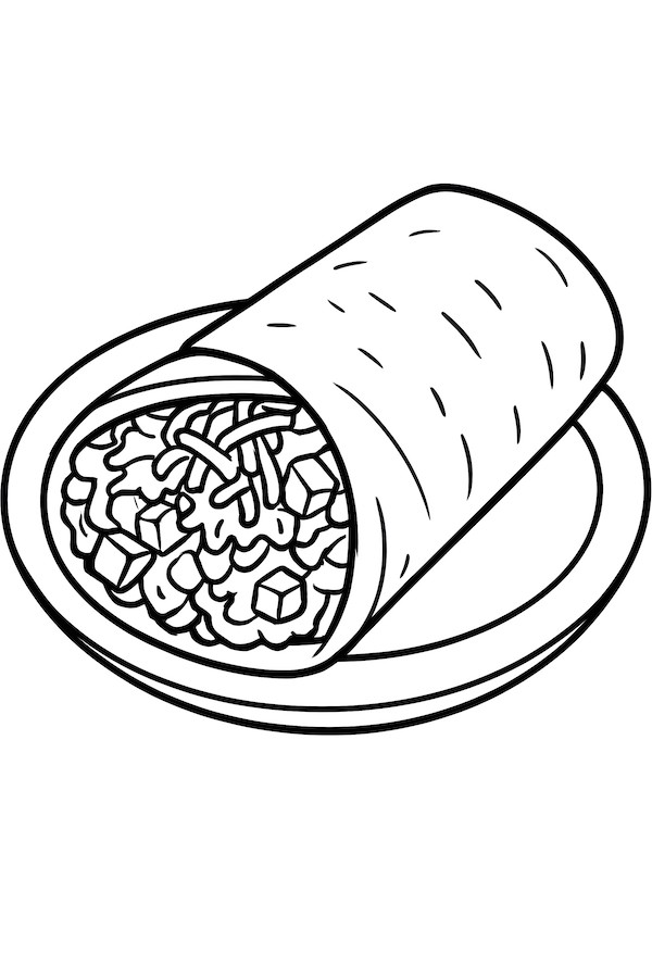 Coloring page of a burrito wrapped with ingredients served on a flat plate