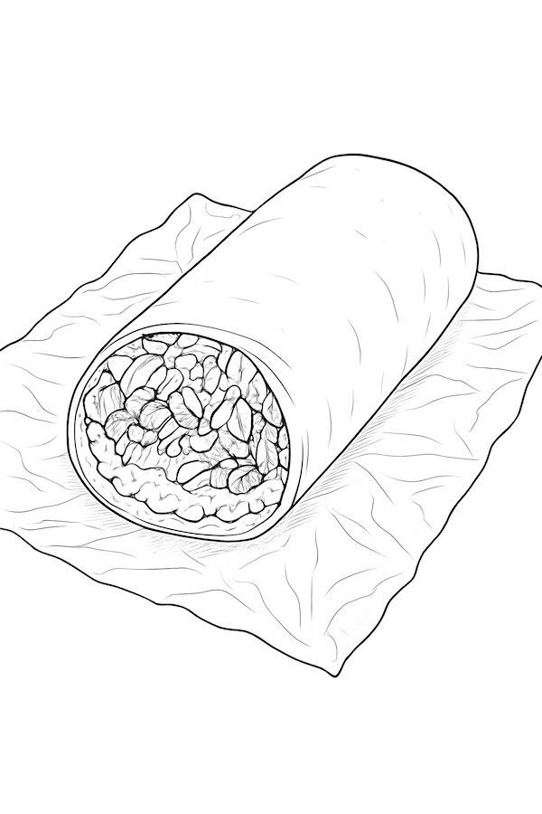 Coloring page of a burrito on foil with visible beans and lettuce inside