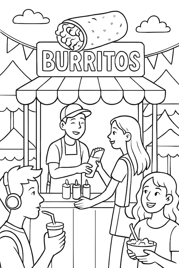 Coloring page of a burrito stand at a food festival with a vendor interacting with customers and various food items