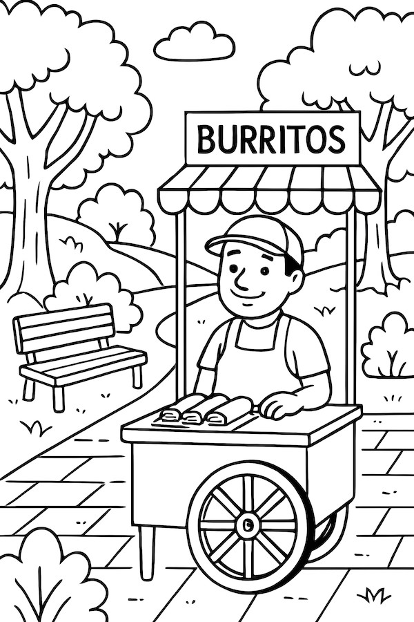 Coloring page of a vendor selling burritos from a cart in a park surrounded by trees and a bench