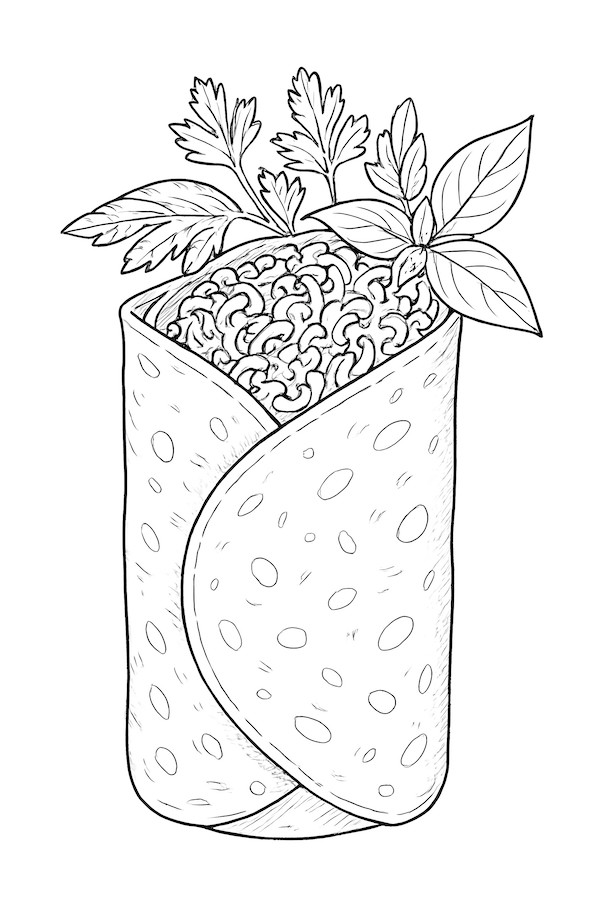 Coloring page of a burrito wrapped with herbs and beans on top