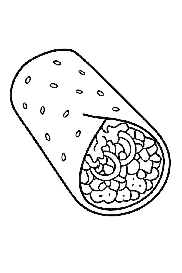 Coloring page of a burrito partially unwrapped, revealing a variety of colorful filling ingredients such as rice, beans, and vegetables