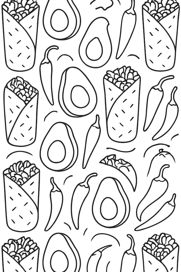 Pattern featuring multiple burritos, avocados, and chili peppers arranged in a grid layout