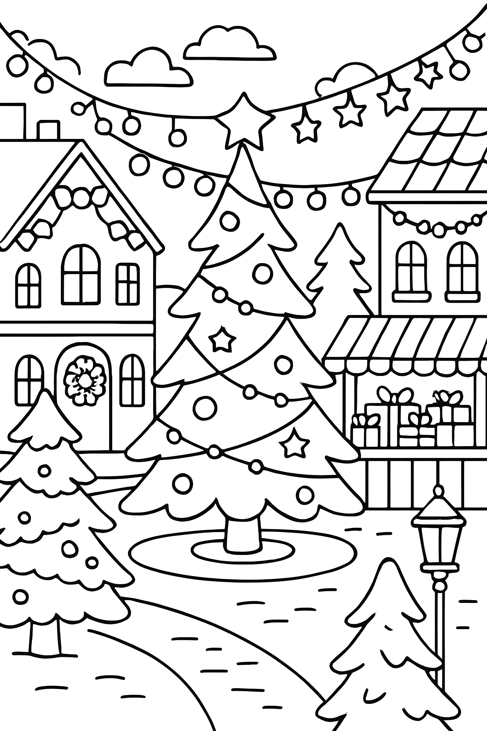 A town square decorated with Christmas lights, featuring a Christmas tree, gift-wrapped presents, and festive houses surrounded by trees and clouds