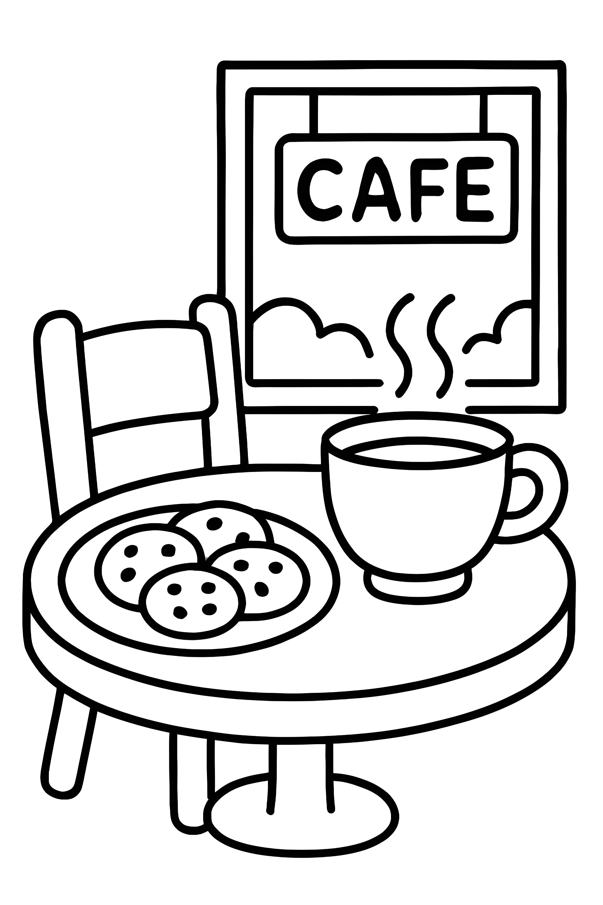 Coloring page of a cafe scene featuring a table with a cup of tea and a plate of cookies, alongside a chair and a window displaying a 'CAFE' sign