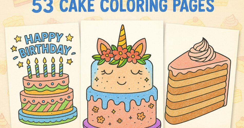 A horizontal collage titled “53 Cake Coloring Pages” featuring three colored pencil–style illustrations: a birthday cake with candles and stars, a unicorn cake with flowers and a horn, and a slice of layered cake with pink frosting. The background is cream-colored with subtle cake and cupcake motifs.