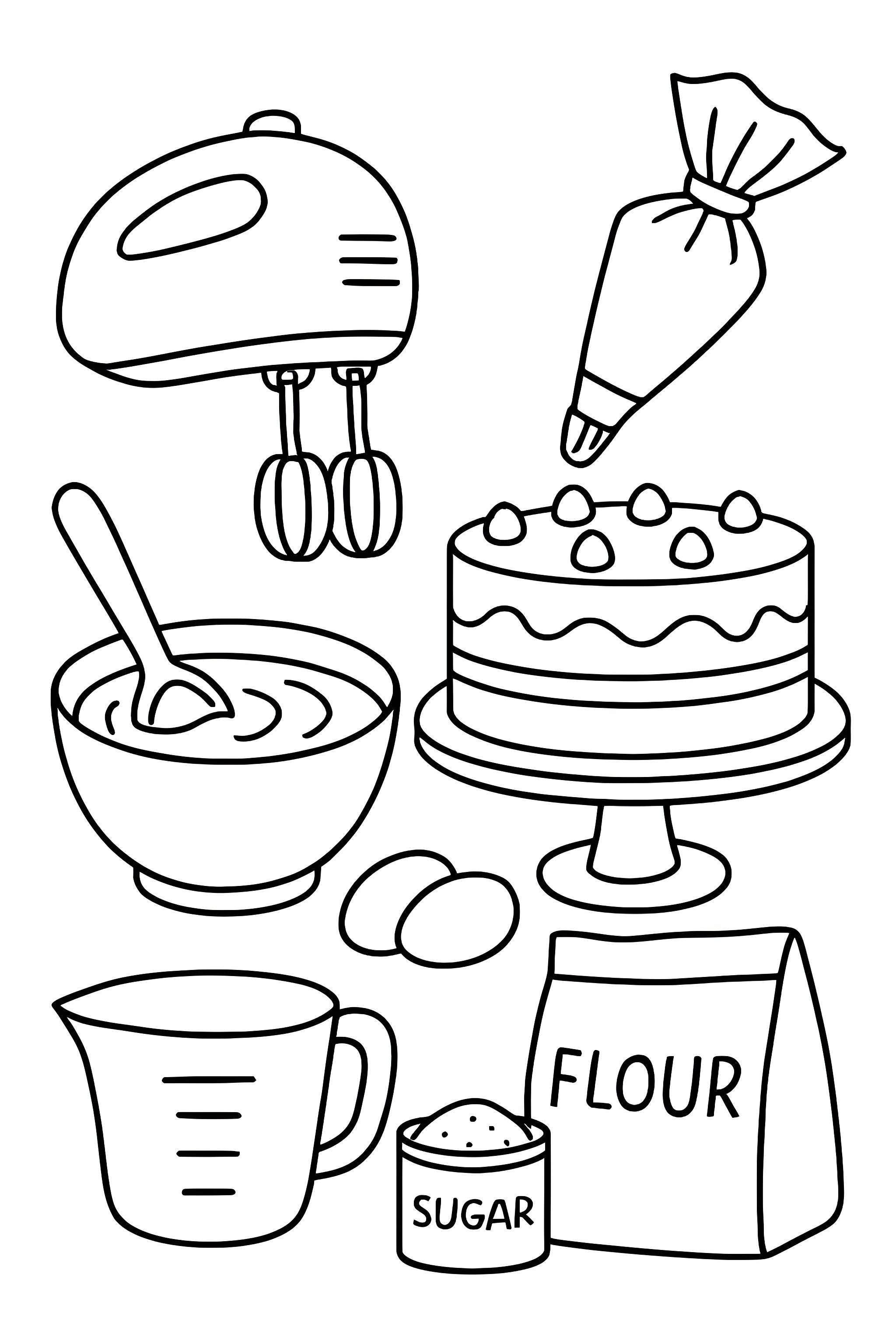 Coloring page featuring cake making supplies including a mixer, mixing bowl, piping bag, cake on a stand, eggs, and flour and sugar containers