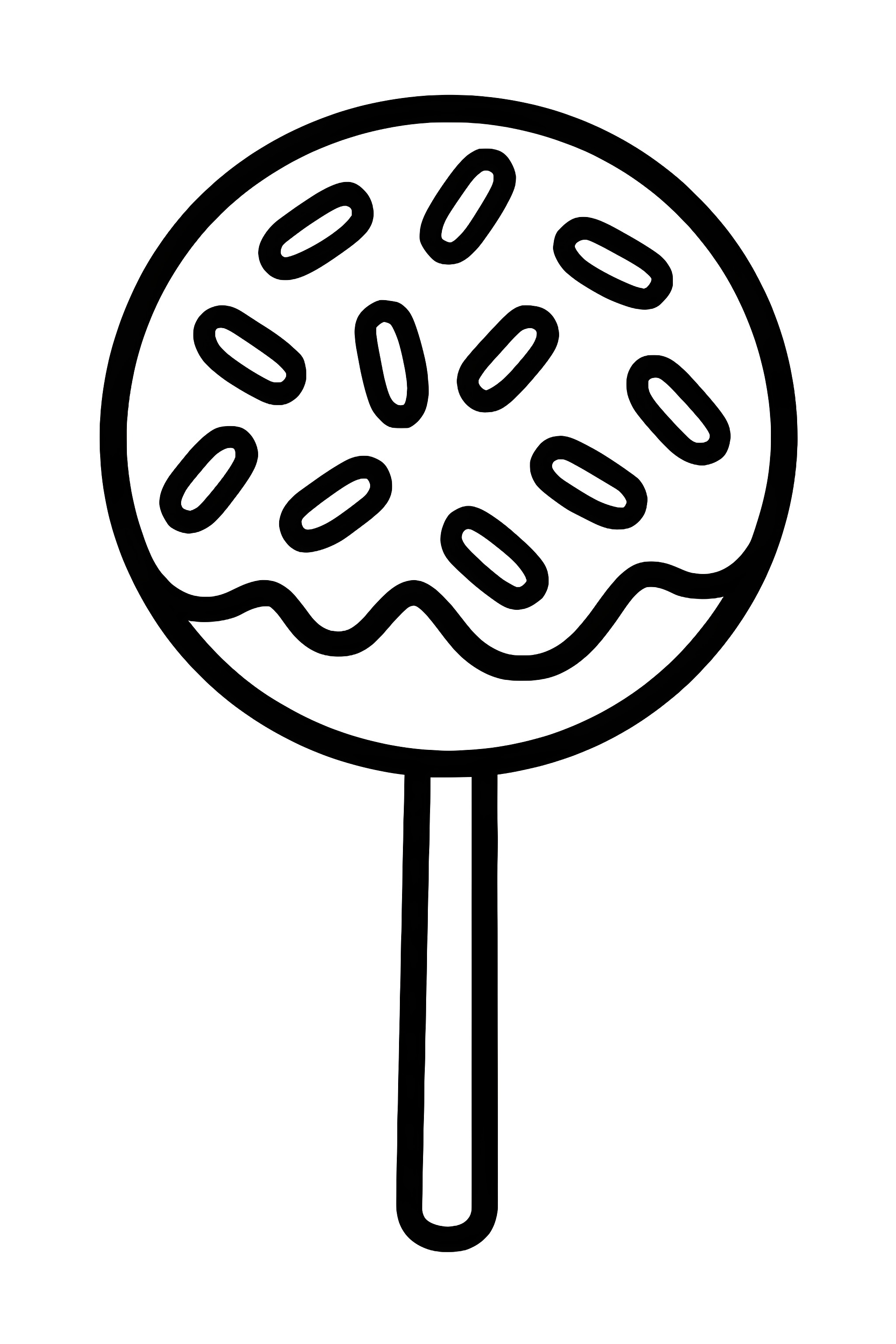Coloring page featuring a cake pop decorated with colorful sprinkles on top and a stick for holding