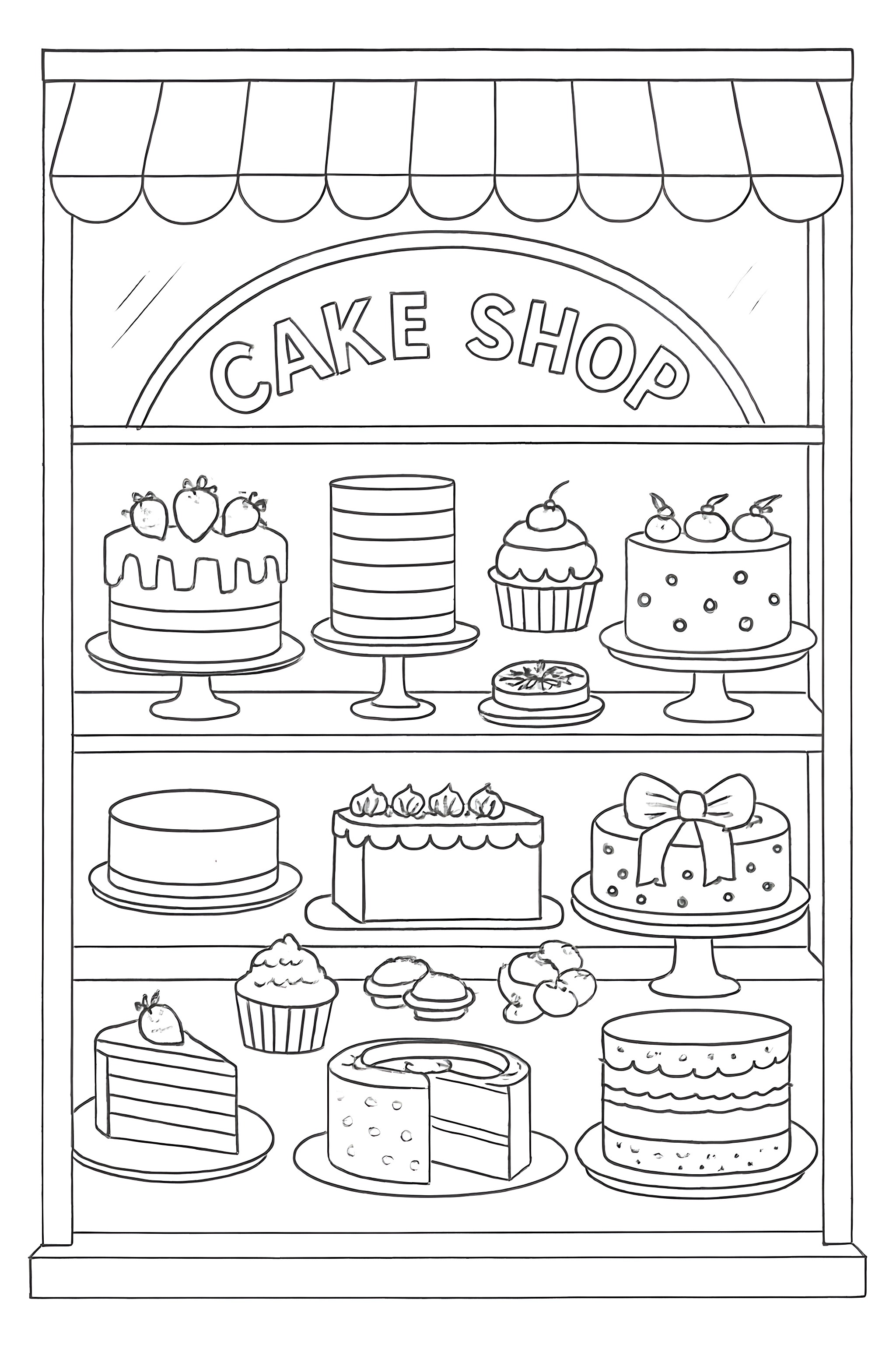 Coloring page of a cake shop window featuring a variety of cakes displayed on shelves, including layered cakes, cupcakes, and a cake with a bow
