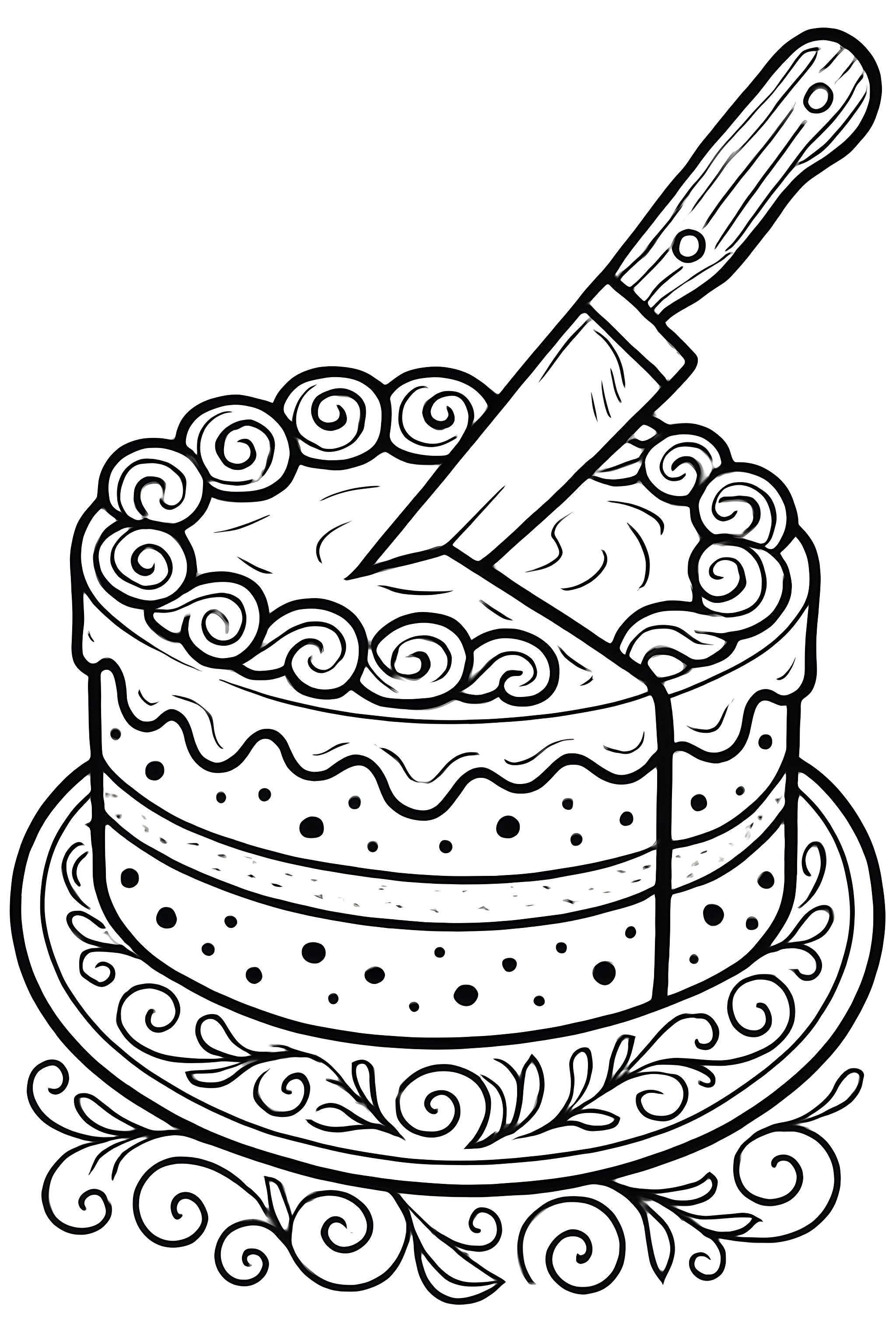 Coloring page of a beautifully decorated cake with a knife slicing through it, set on an ornate plate.