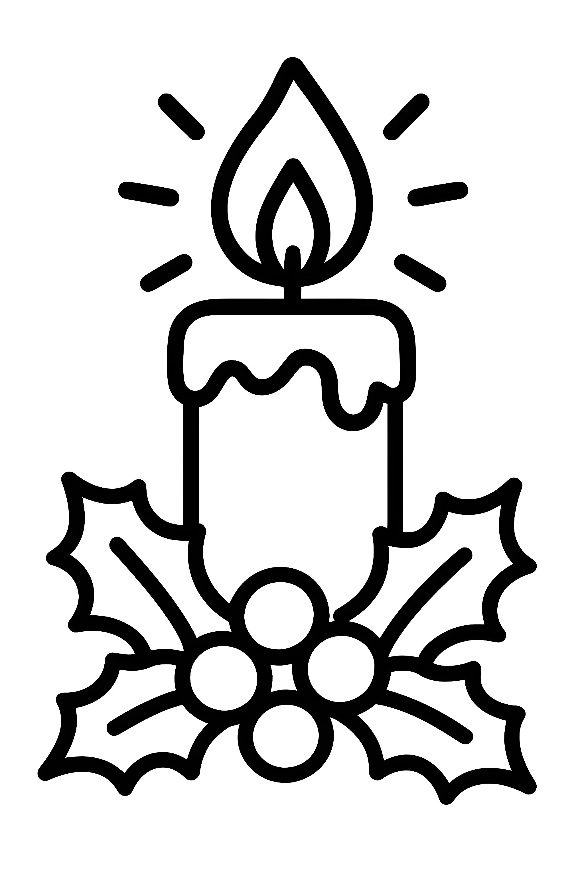Coloring page of a candle with a flame, dripped wax, surrounded by holly leaves and berries