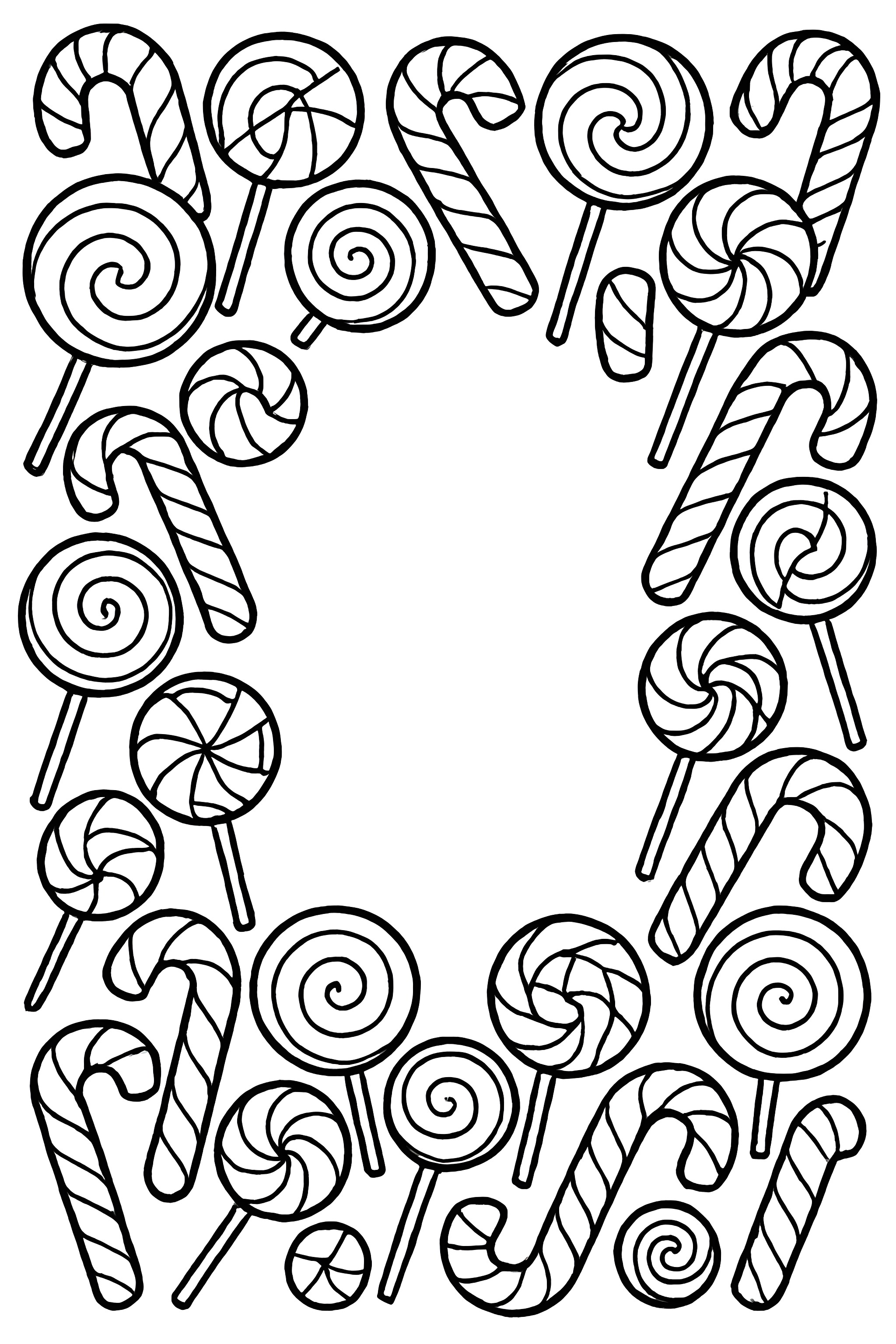 A border of candy canes and lollipops in various twisted and spiraled designs