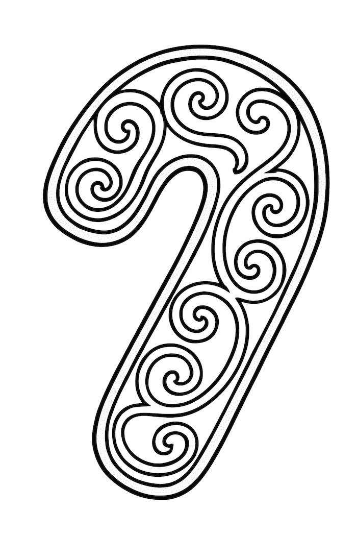 Coloring page of a candy cane cookie decorated with elegant swirl icing patterns
