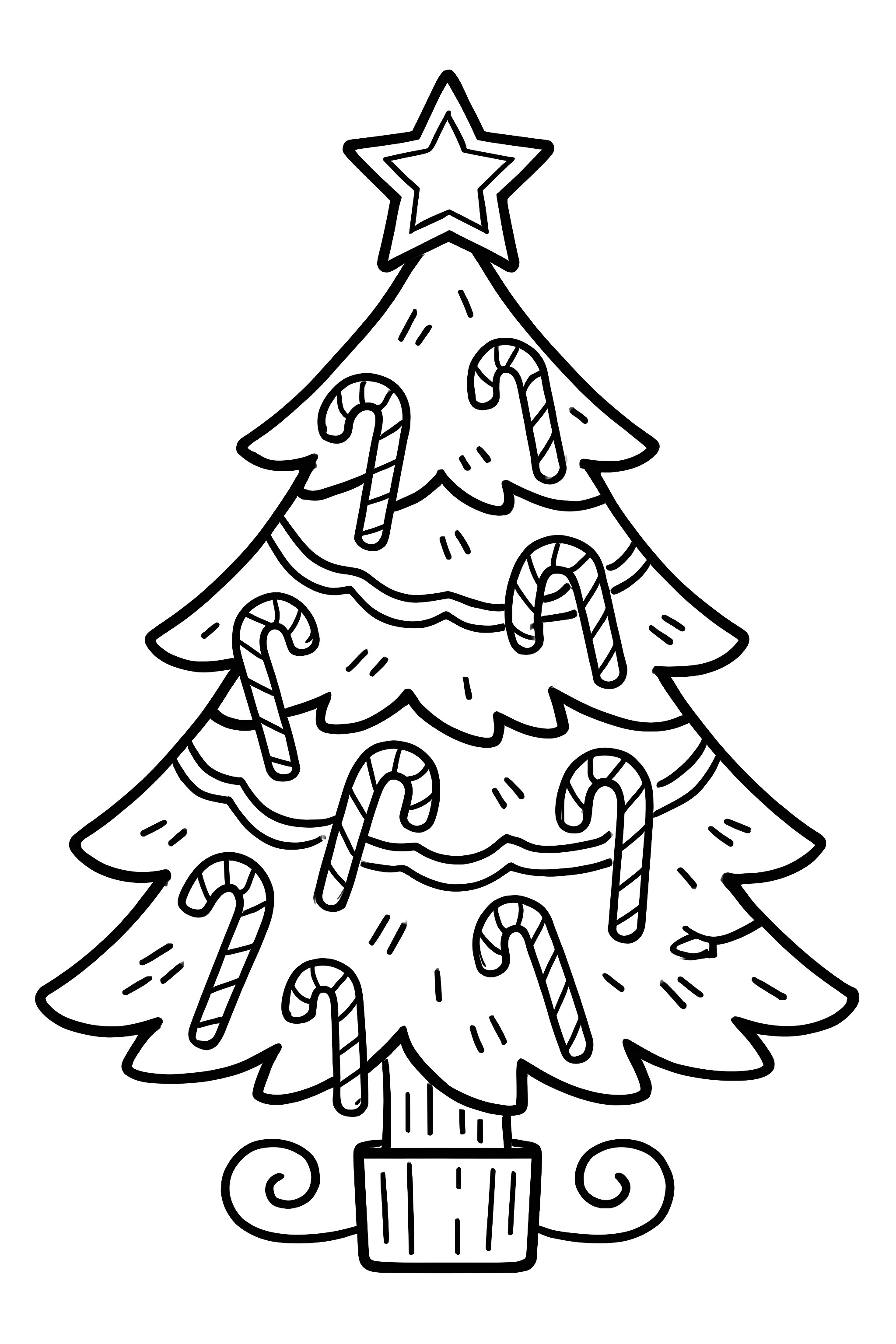 Coloring page of a Christmas tree adorned with candy canes and a star on top