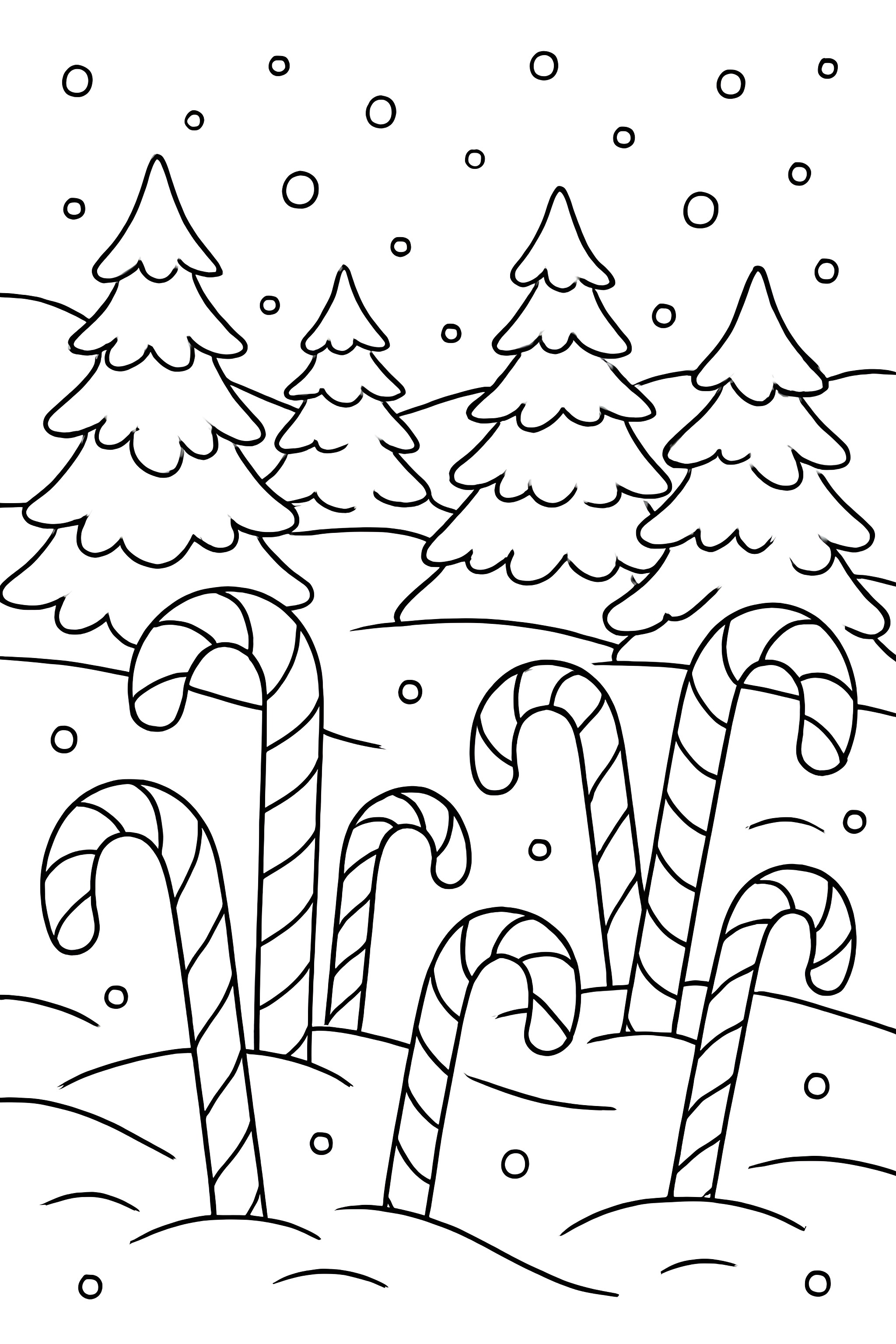 Coloring page featuring a winter scene with candy cane trees and snow-covered ground, surrounded by evergreen trees and snowfall