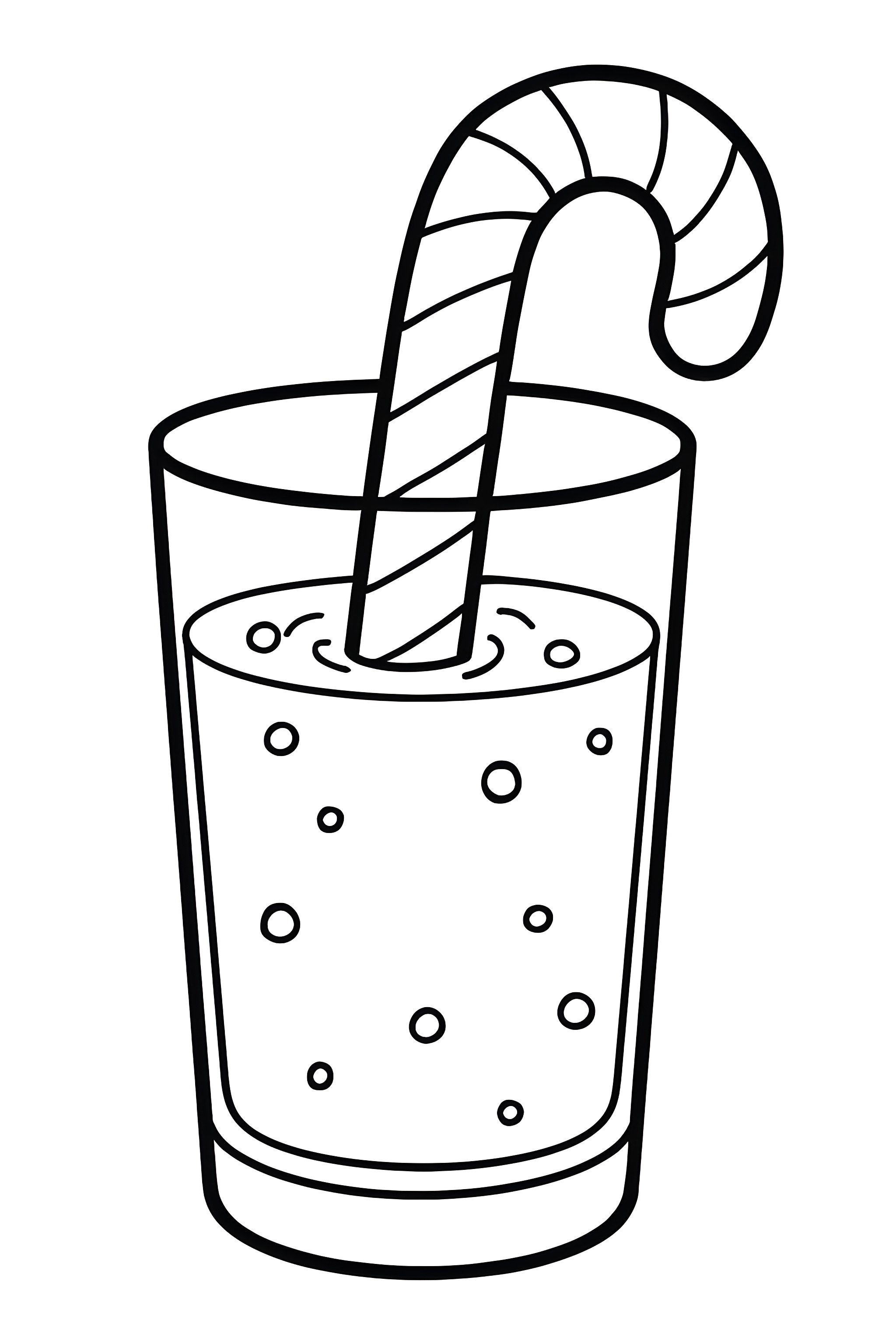 A striped candy cane standing upright in a cup filled with milk, with bubbles present in the liquid
