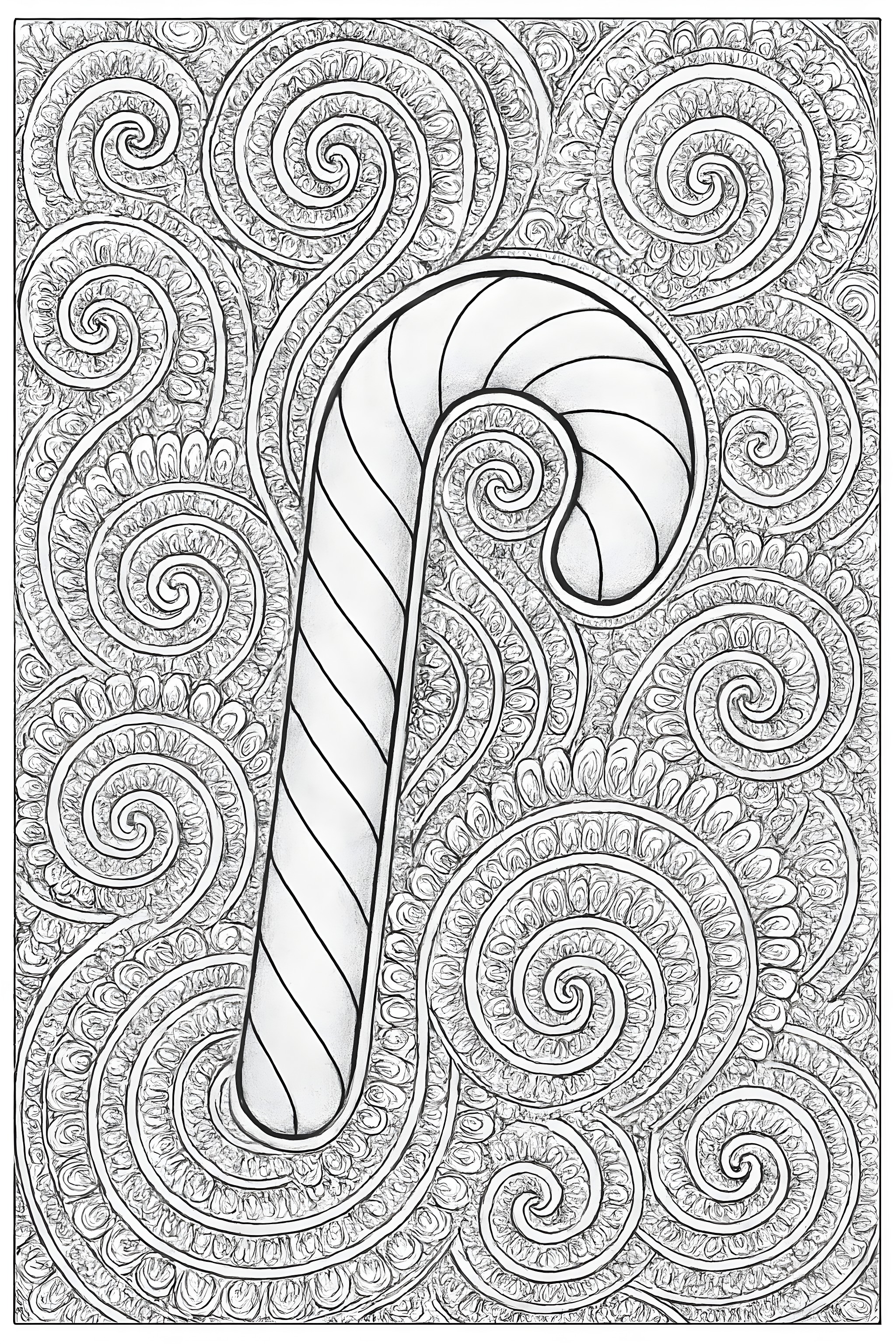 A candy cane set against intricate fractal swirl patterns