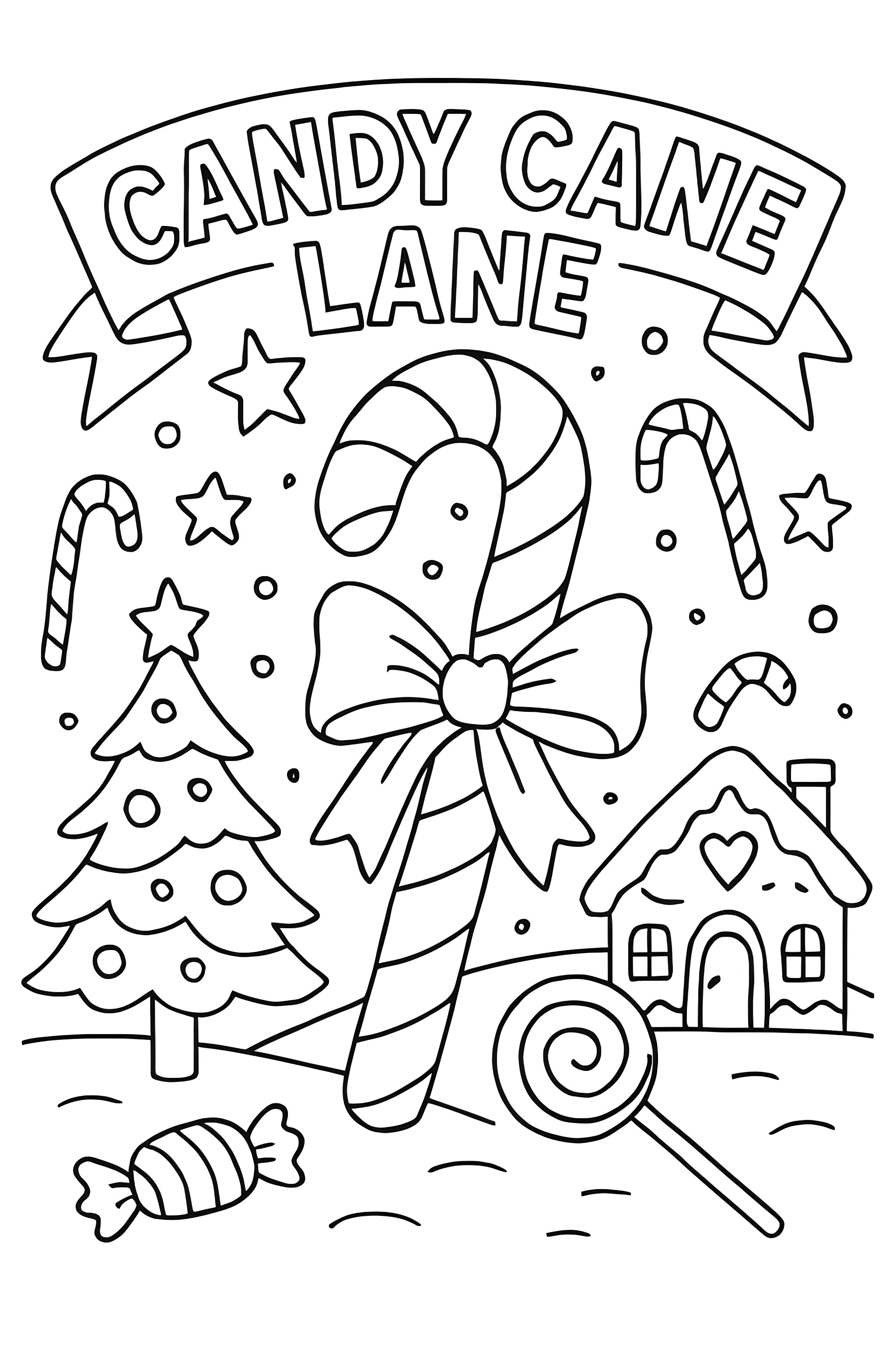Coloring page of a candy cane lane featuring a large candy cane, Christmas tree, candy house, and various candies