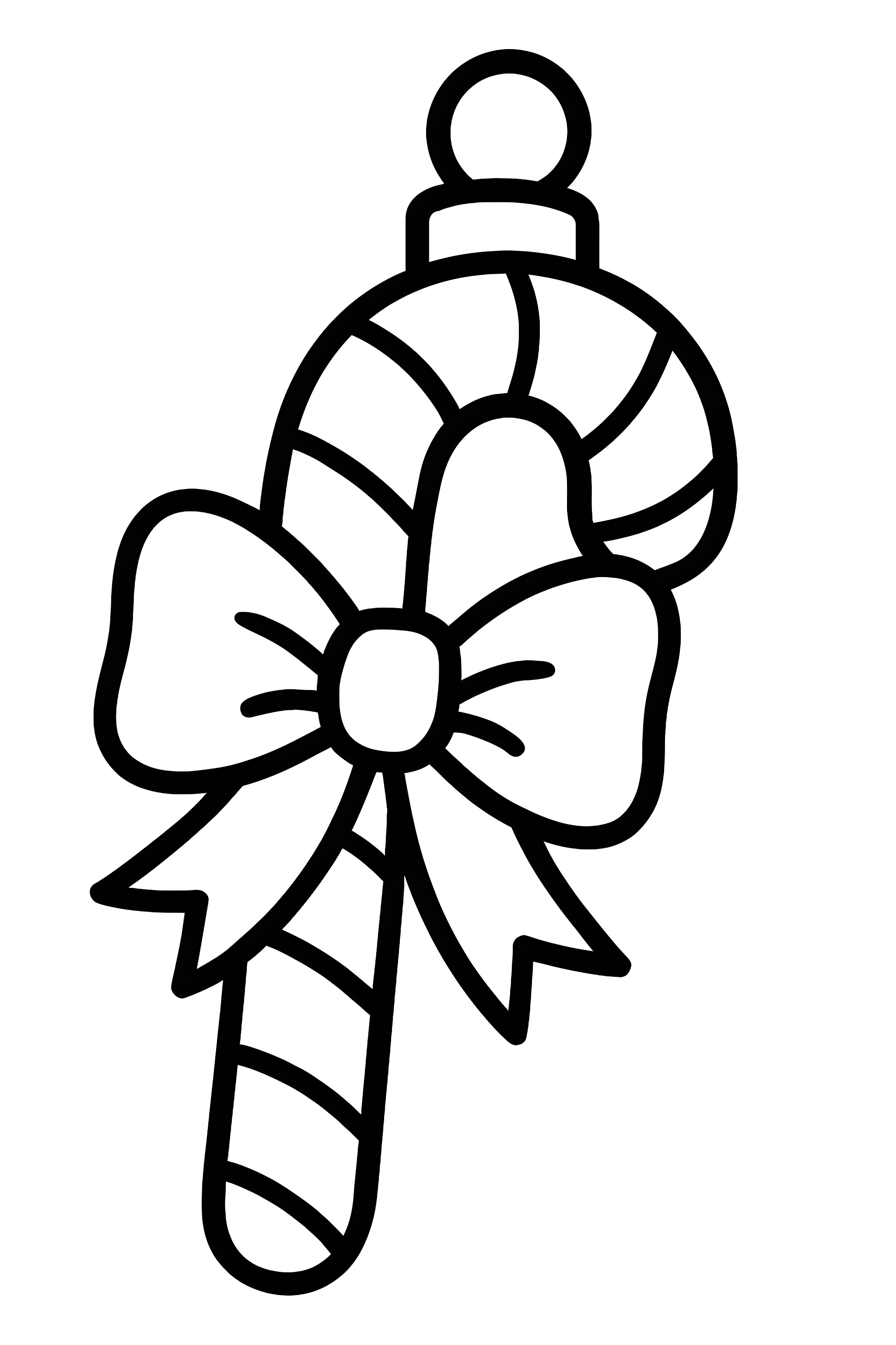 Coloring page of a festive candy cane ornament featuring a red ribbon bow with swirling stripes