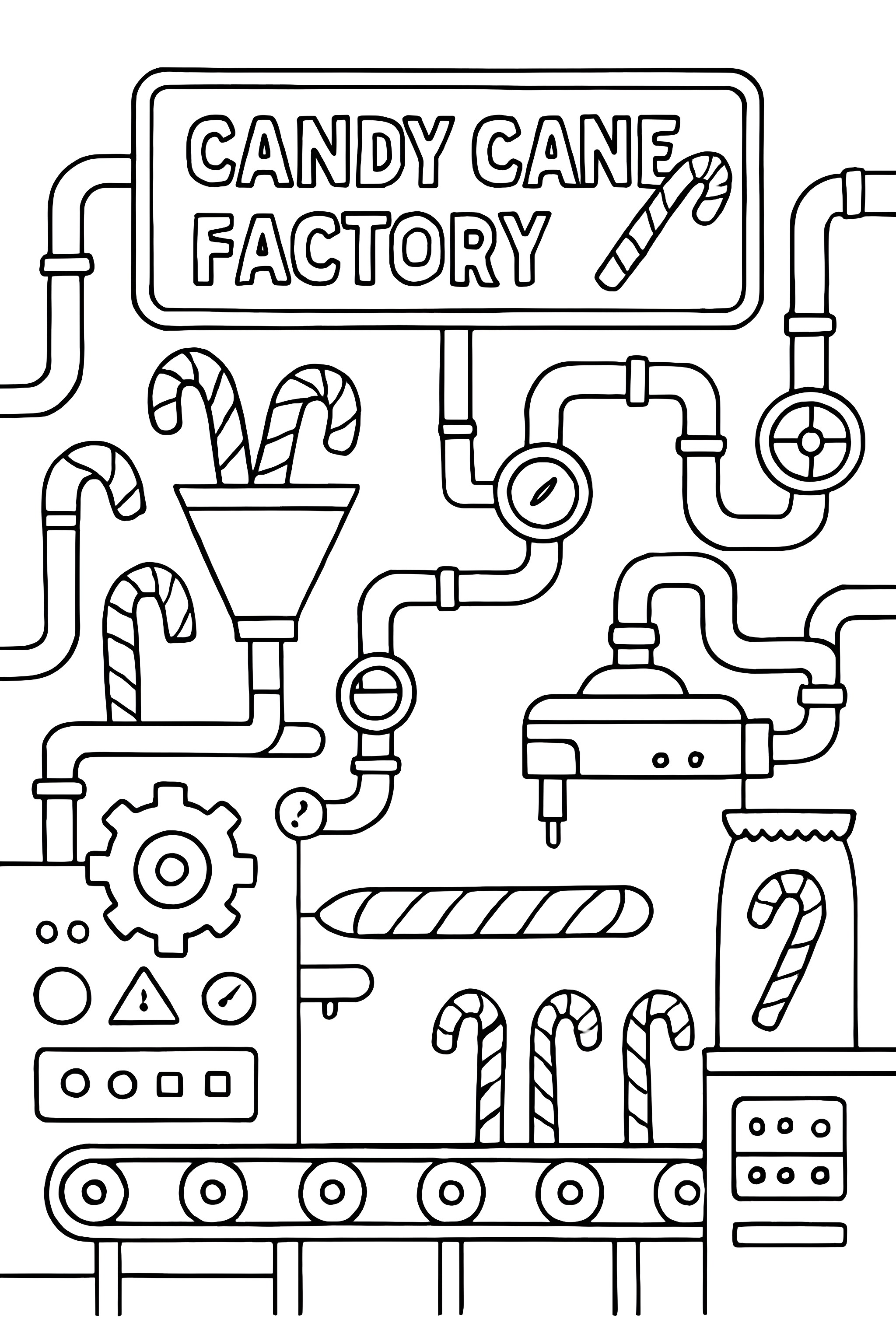 Coloring page depicting a candy cane factory with a conveyor belt, machinery, and candy canes on display
